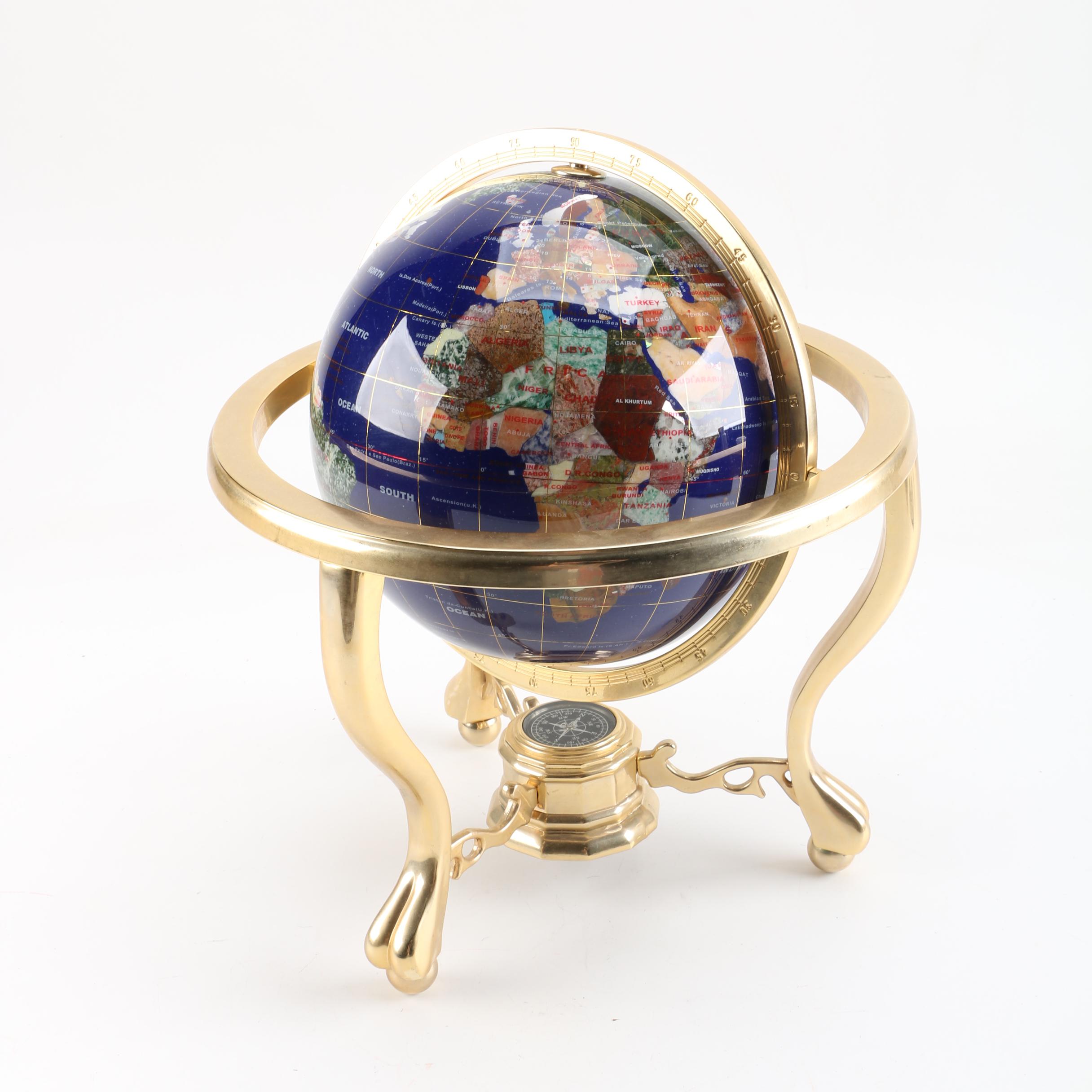 Gemstone Tabletop World Globe with Compass and Brass Stand EBTH
