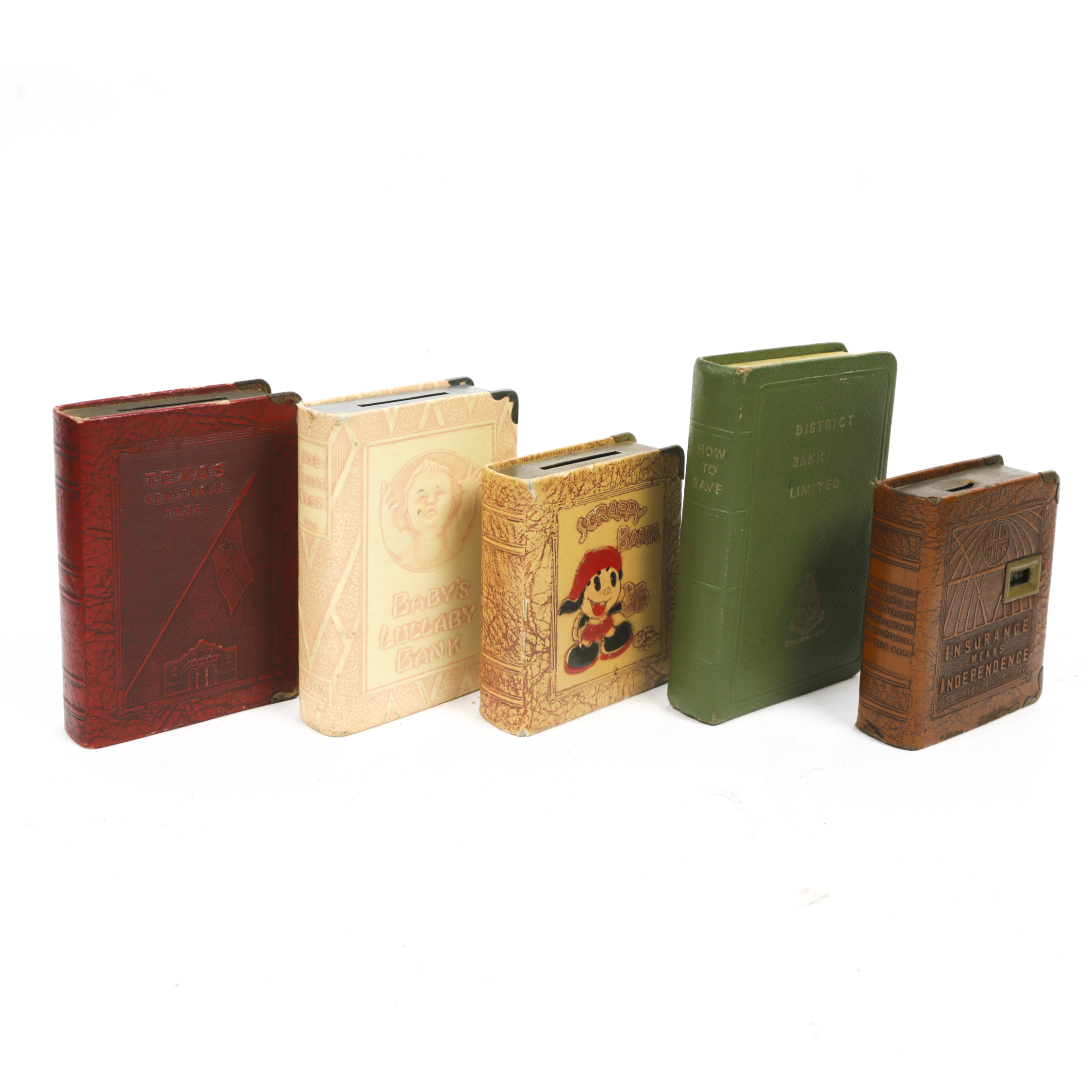 Vintage Book Shaped Coin Banks Including 1930s Scrappy Bank Ebth