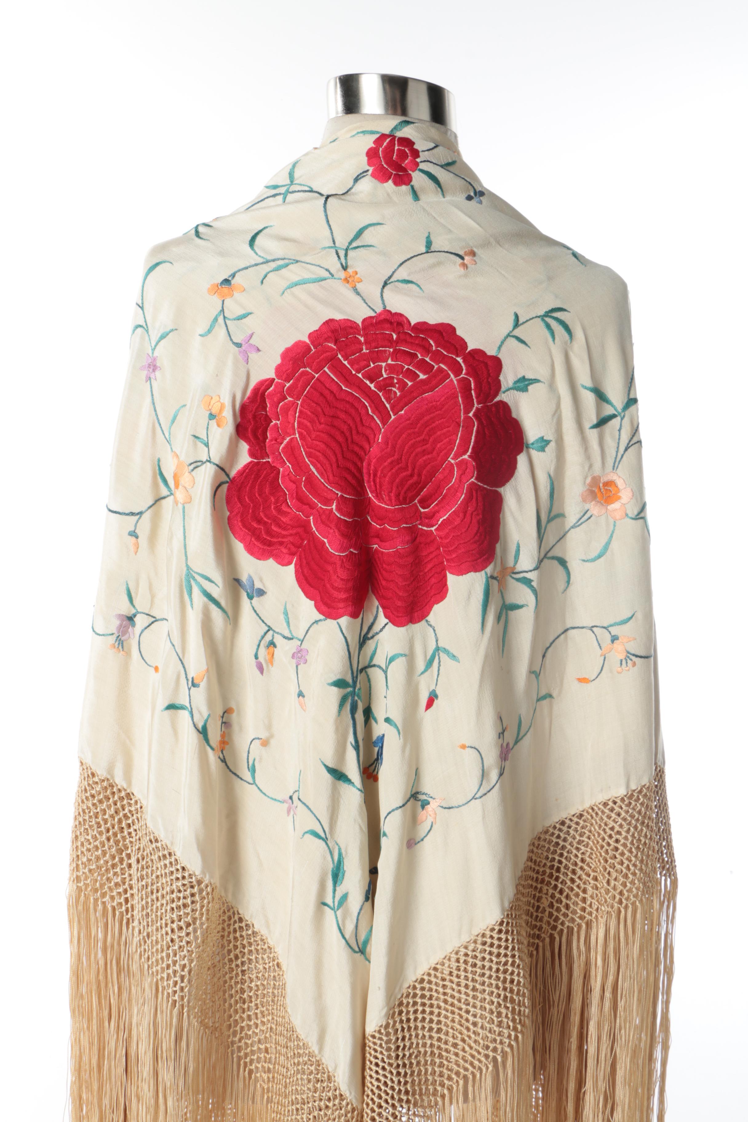 Vintage Silk Embroidered Piano Shawl EBTH