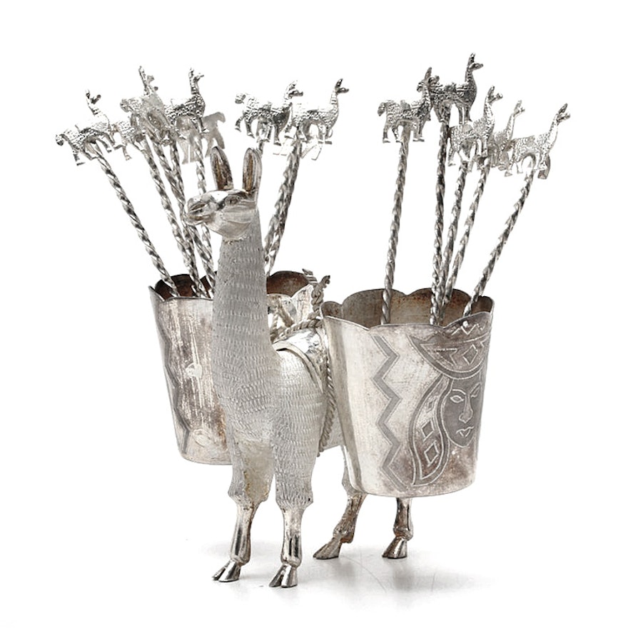 Peruvian MML Sterling Silver Llama Stand and Cocktail Picks