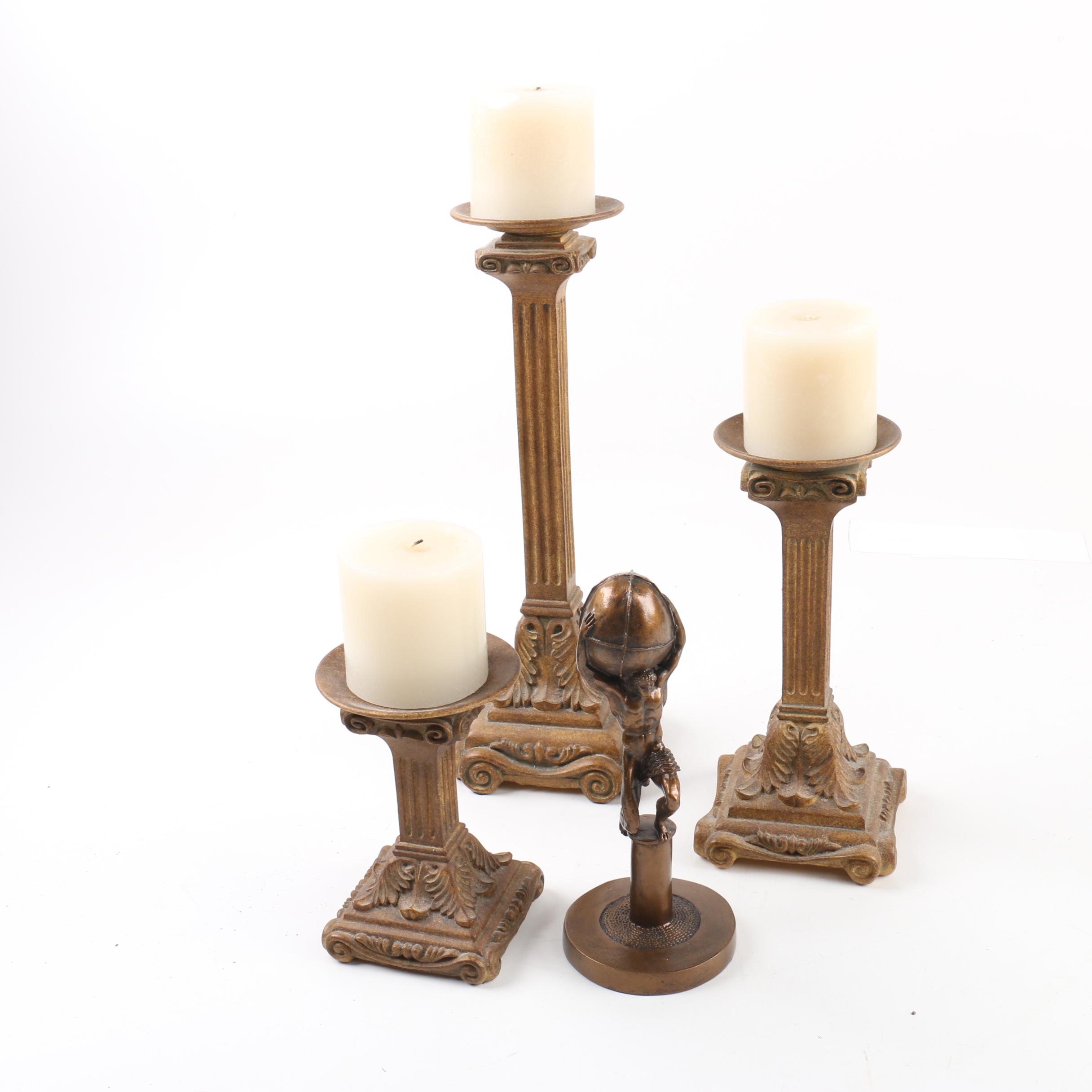 Ionic Style Column Candlesticks and Atlas Figurine EBTH