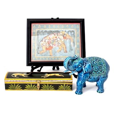 Asian Collectibles Including Ceramic Elephant, Wooden Box and Print Asian Collectibles Including Ceramic Elephant, Wooden Box and Print