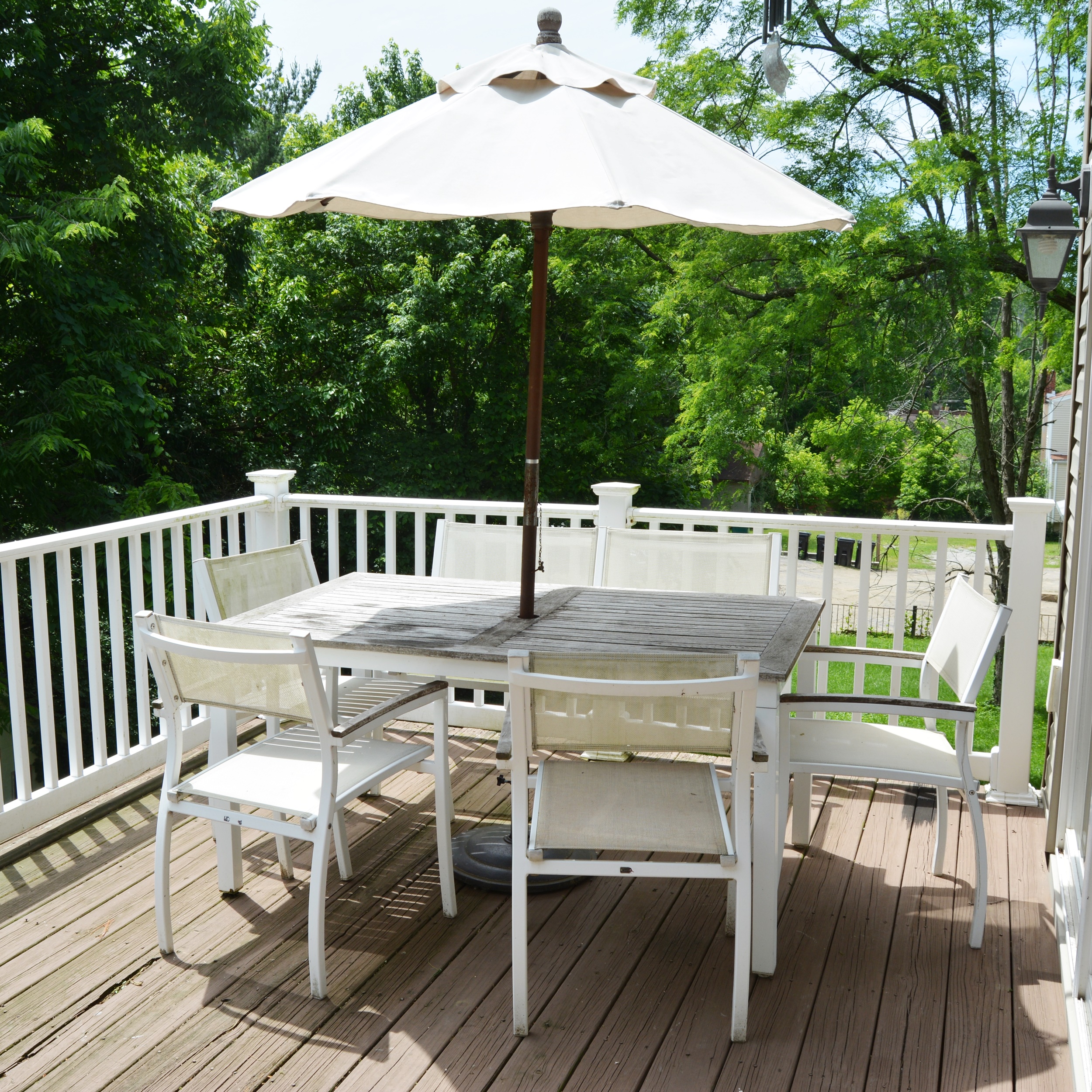 Teak And White Aluminum Patio Table And Chairs Ebth