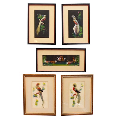 Vintage Mixed Media Feather and Watercolor Art on Paper of Exotic Birds Vintage Mixed Media Feather and Watercolor Art on Paper of Exotic Birds
