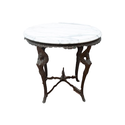 Antique Bronze Winged Woman Parlor Table with White Marble Table Top Antique Bronze Winged Woman Parlor Table with White Marble Table Top