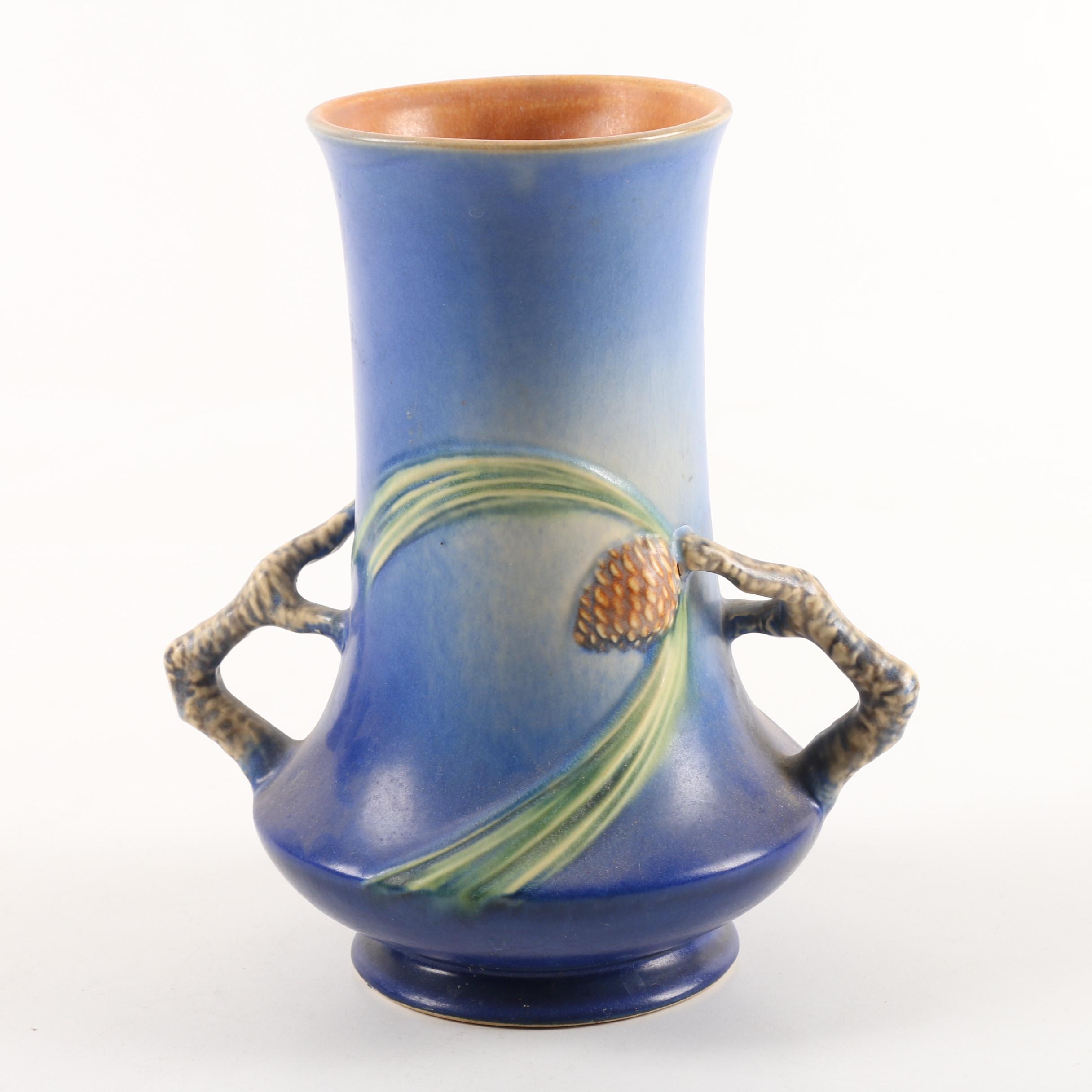 Roseville Pottery "Pine Cone" Blue Vase EBTH