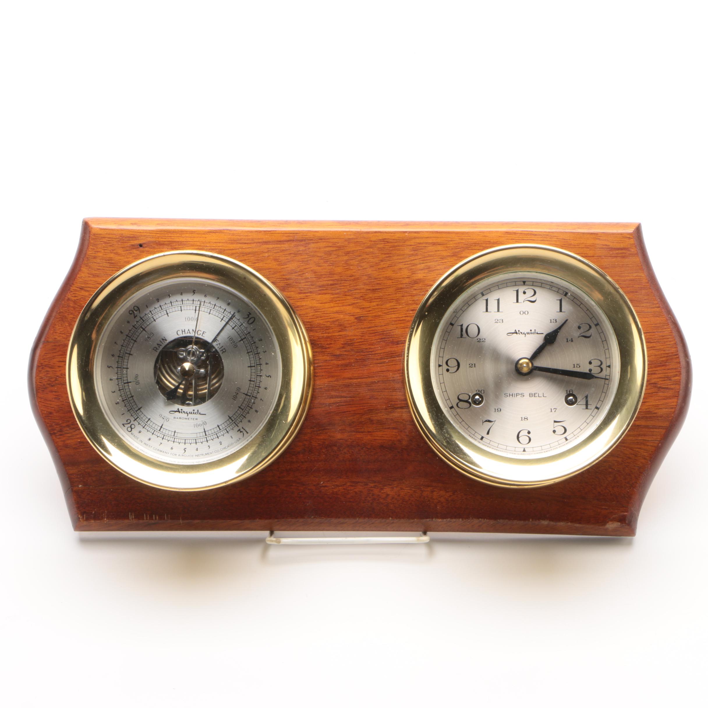 AirGuide Brass Ship Clock and Barometer Set on Wood Plaque EBTH
