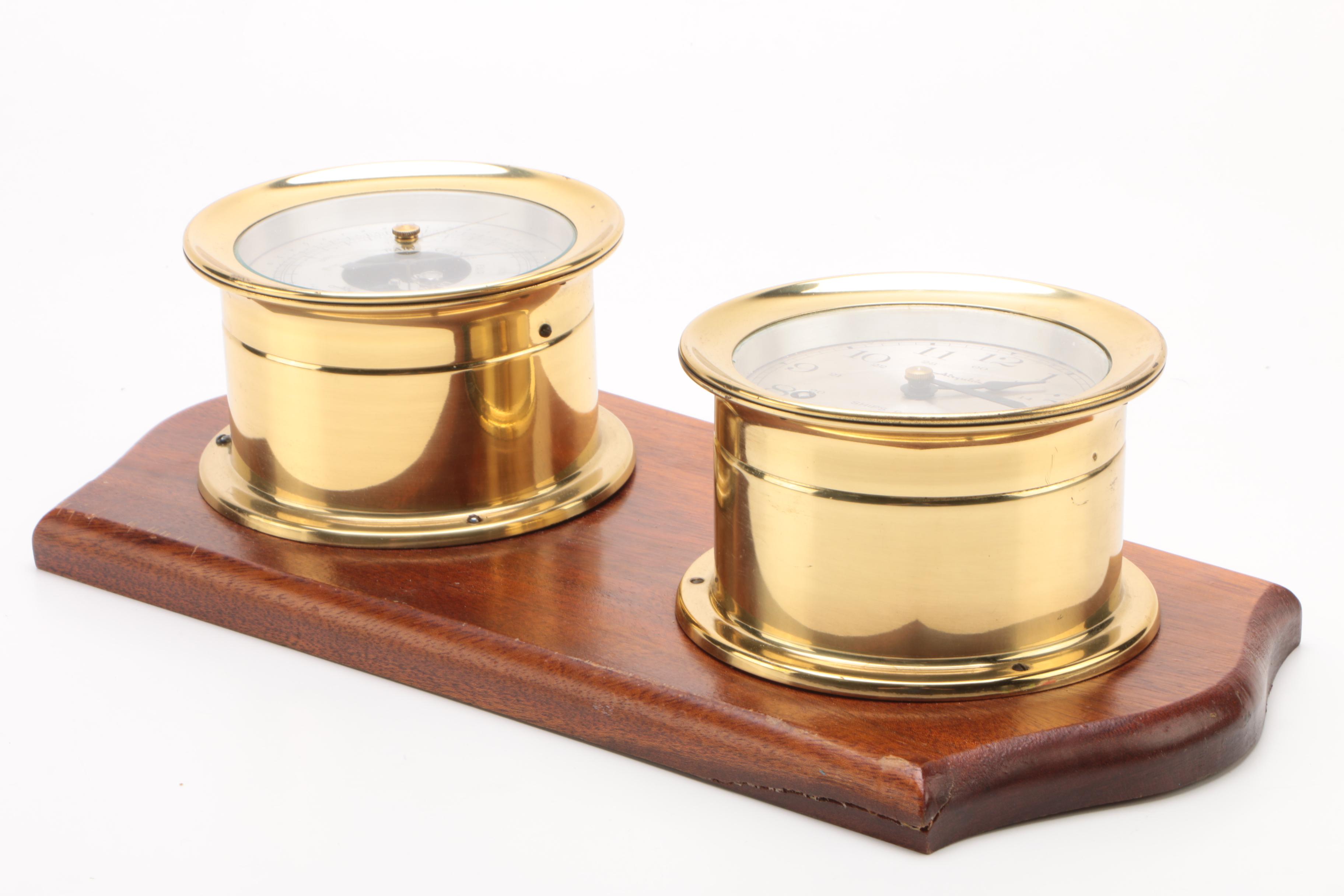AirGuide Brass Ship Clock and Barometer Set on Wood Plaque EBTH