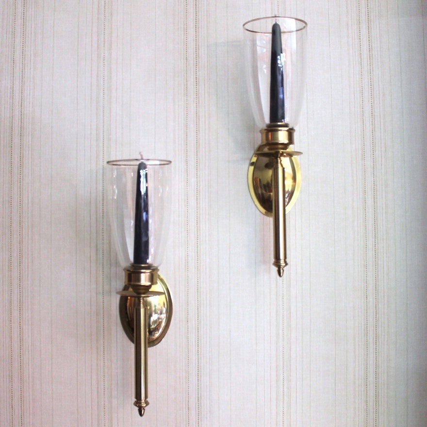 Vintage Br Wall Candle Sconces With Gl Hurricanes Ebth Vintage Br Wall Candle Sconces With Gl Hurricanes