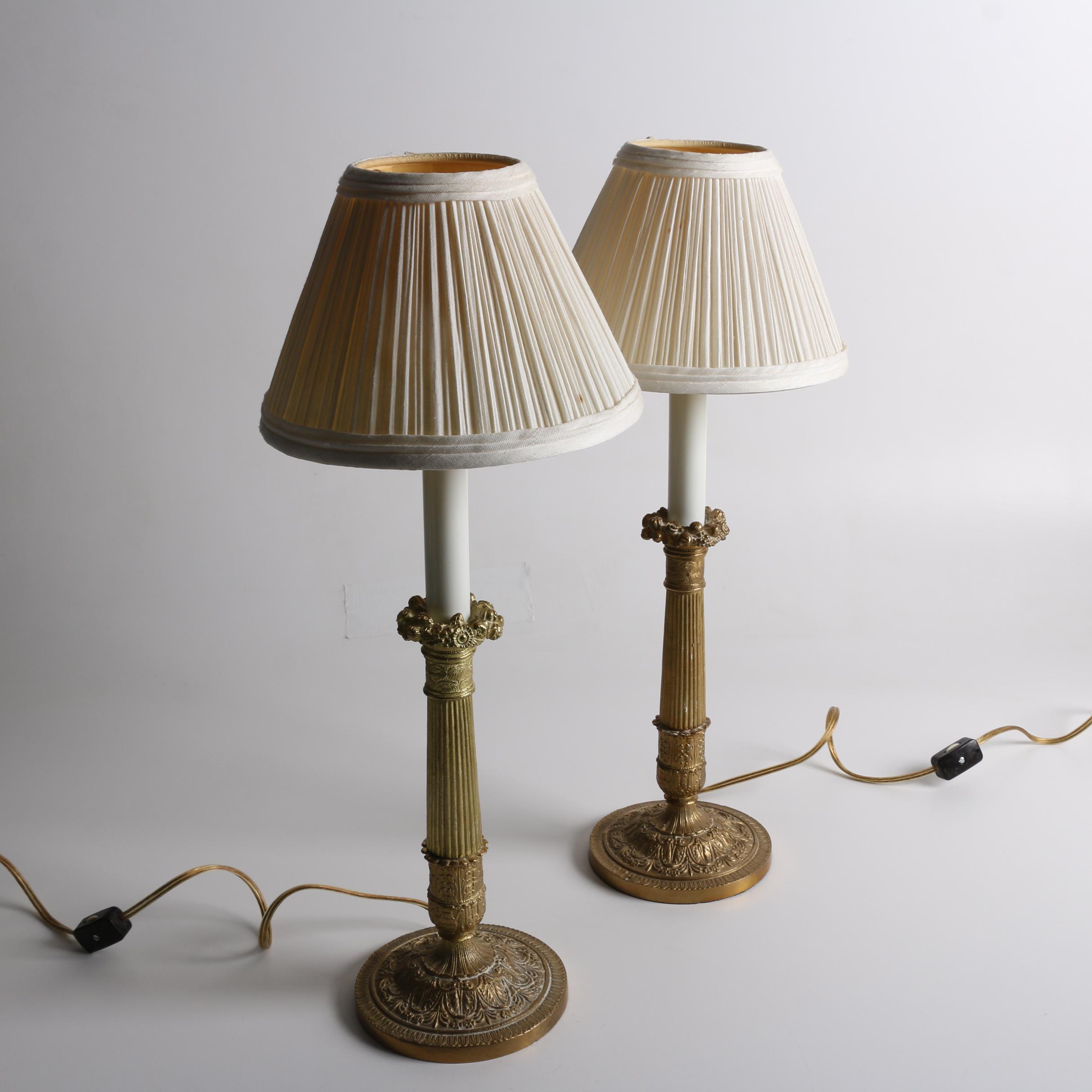 Vintage Embossed Brass Candlestick Accent Lamps with Pleated Fabric