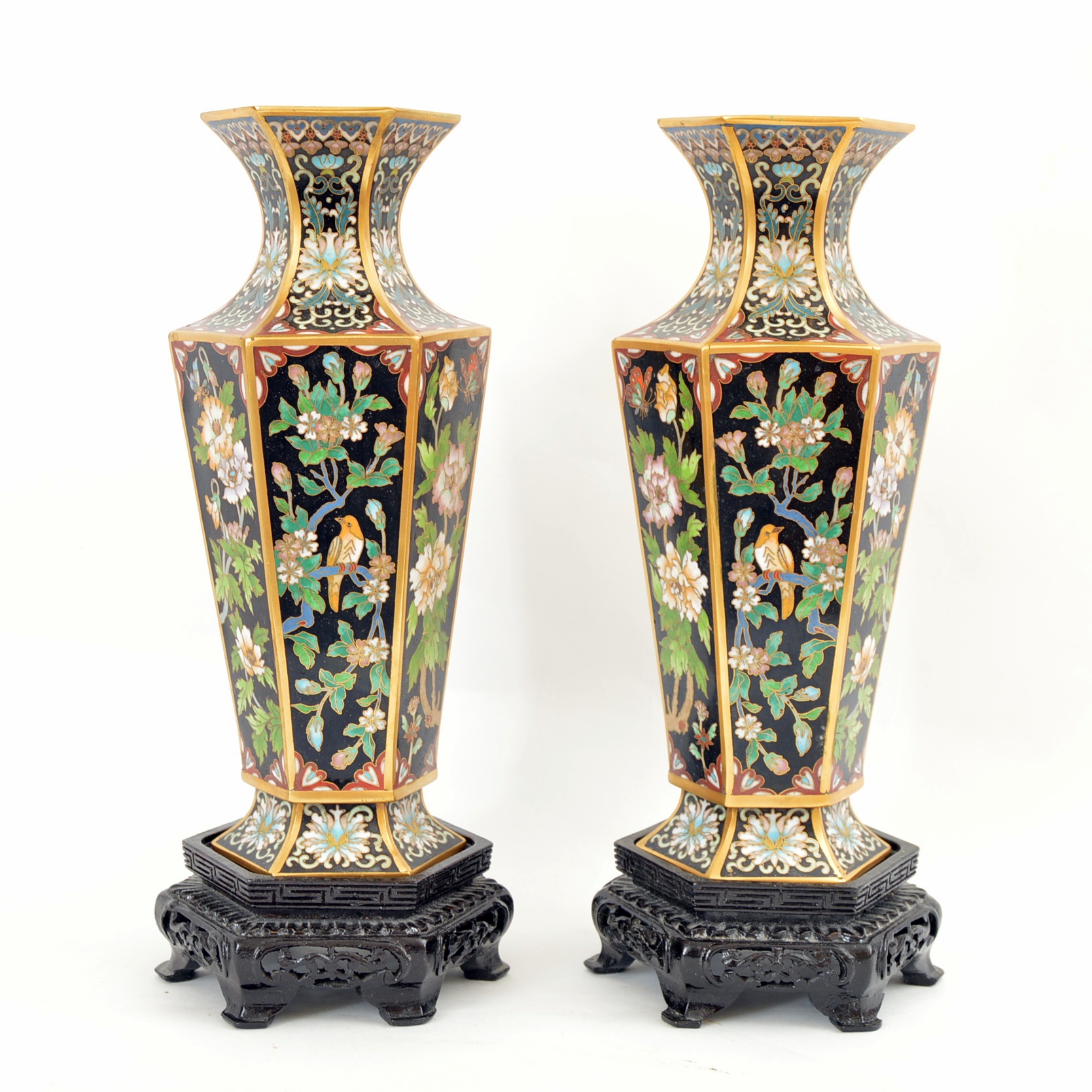Vintage Chinese Cloisonne Vases with Wood Display Bases EBTH