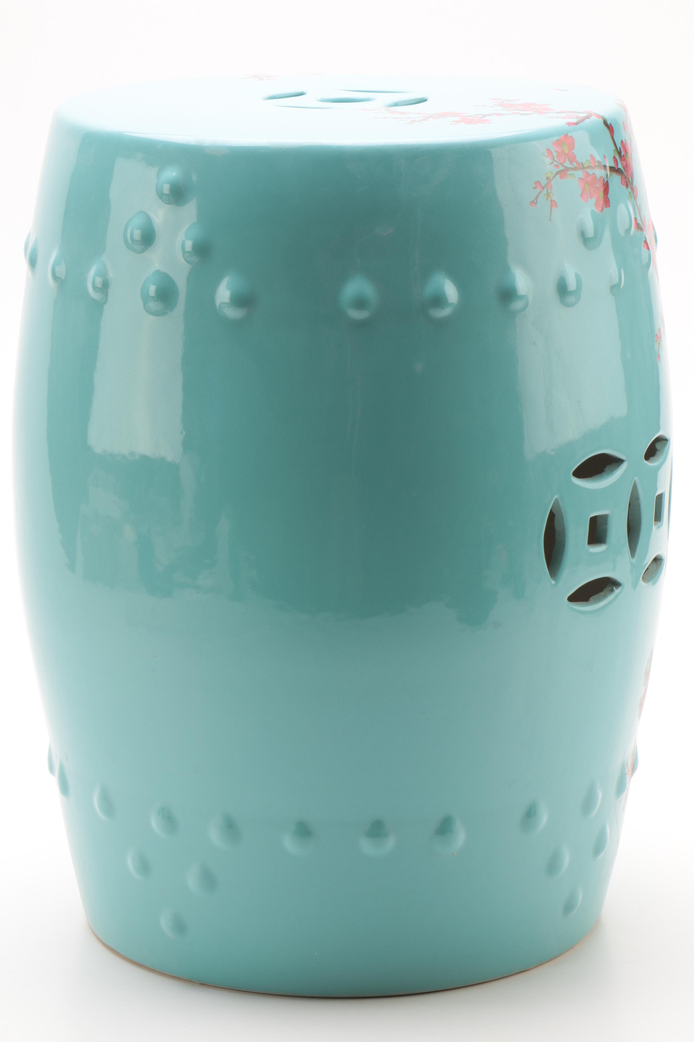 Chinese Ceramic Garden Stool with Bird and Floral Design over Turquoise ...