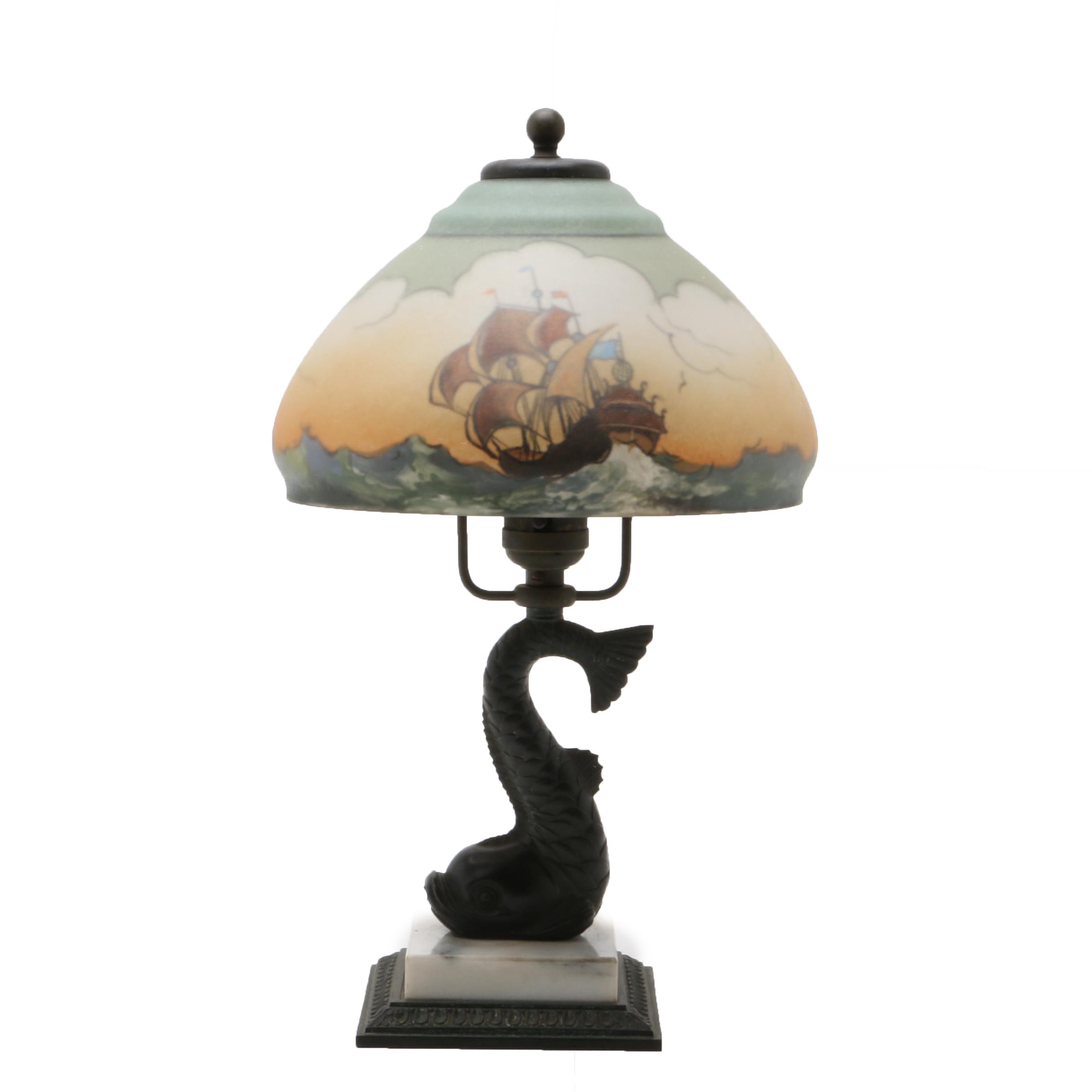 Pairpoint Desk Lamp With Nautical Reverse Painted Glass Shade Ebth
