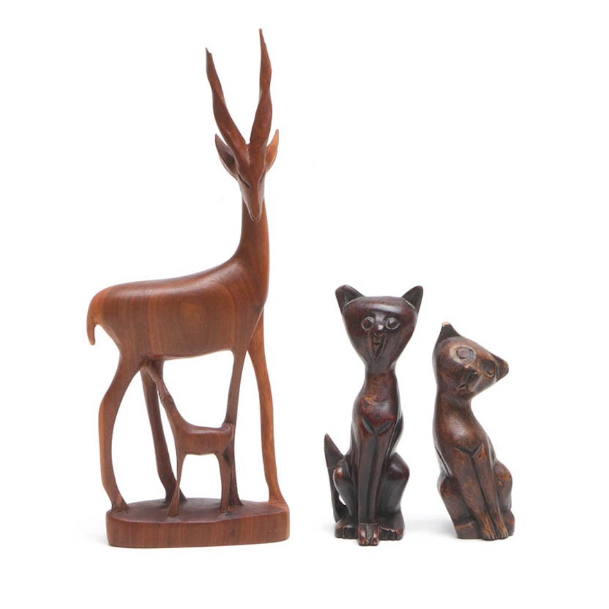 Vintage Hand Carved Wood Animal Figurines Including An Antelope And Cats Ebth