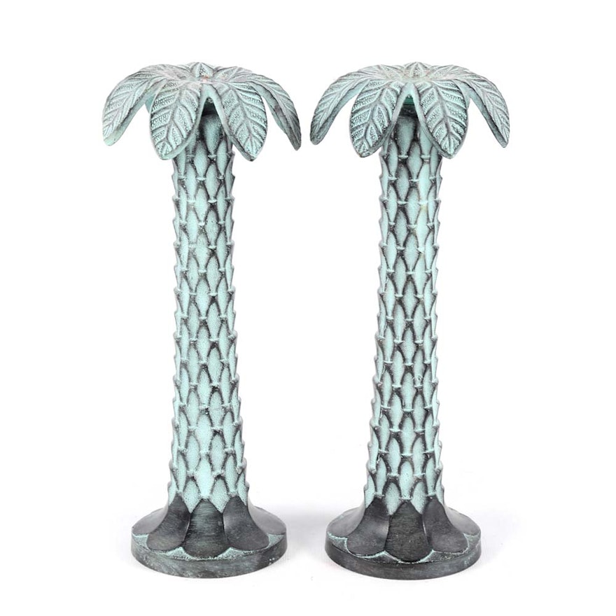 Cast Metal Palm Tree Candle Holders Ebth Cast Metal Palm Tree Candle Holders