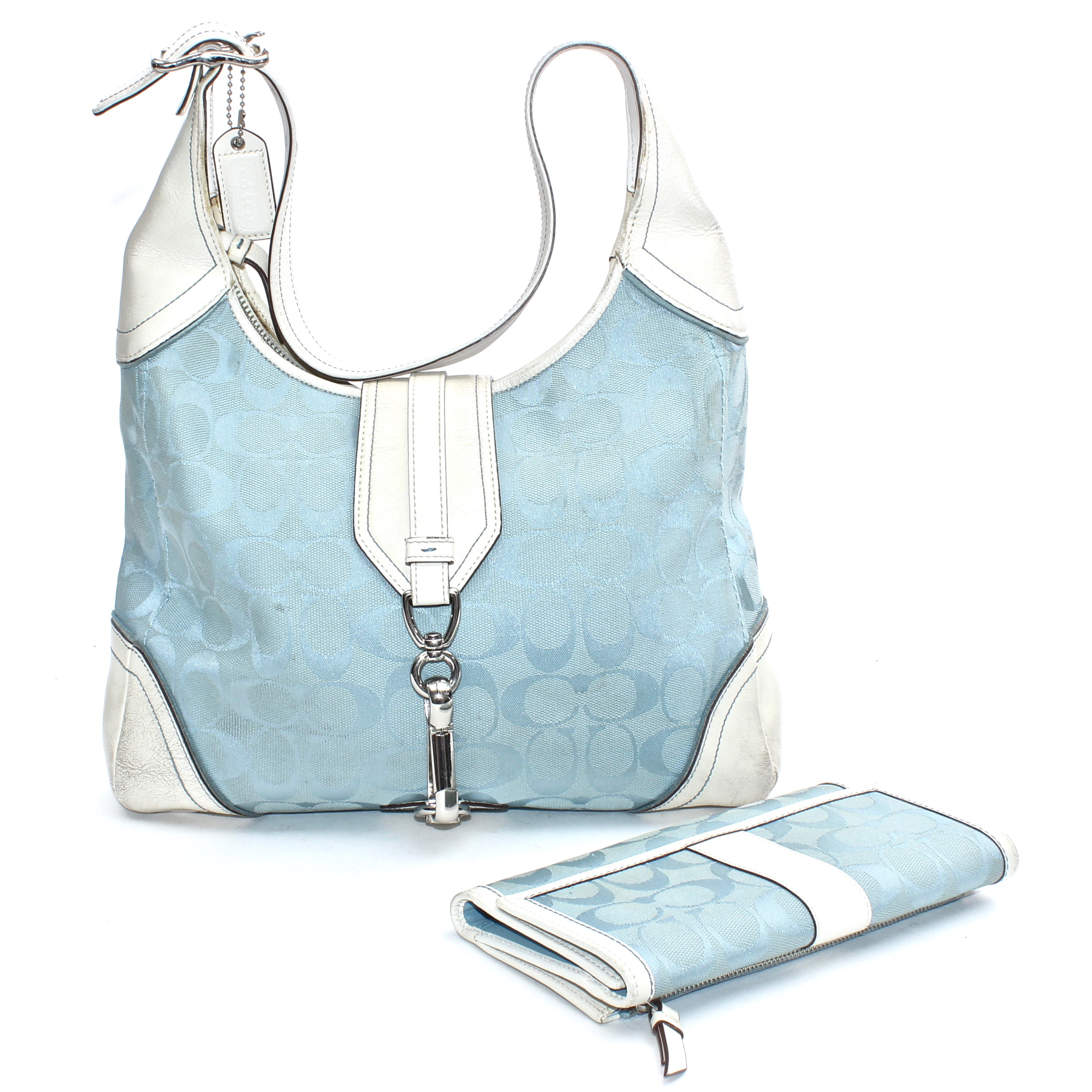 Coach Signature Light Blue Canvas and White Leather Shoulder Bag EBTH