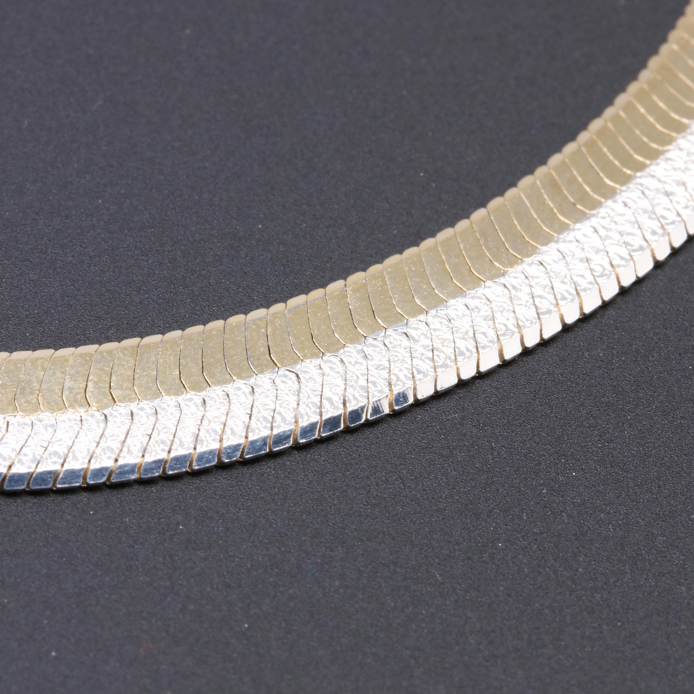 Sterling Silver Herringbone Chain Necklace with Gold Wash Accents EBTH