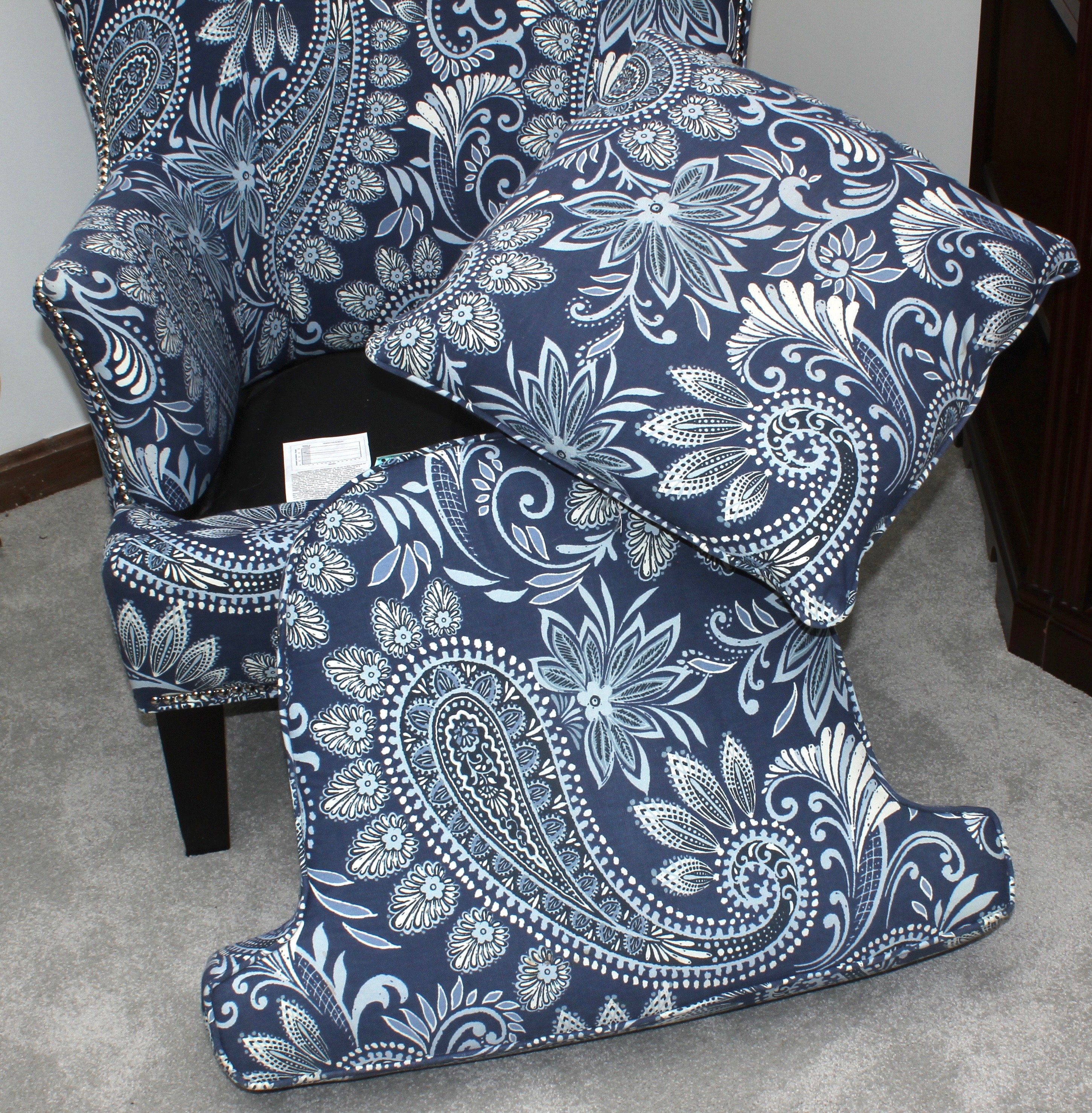Navy Paisley Upholstered Wingback Studded Armchair EBTH