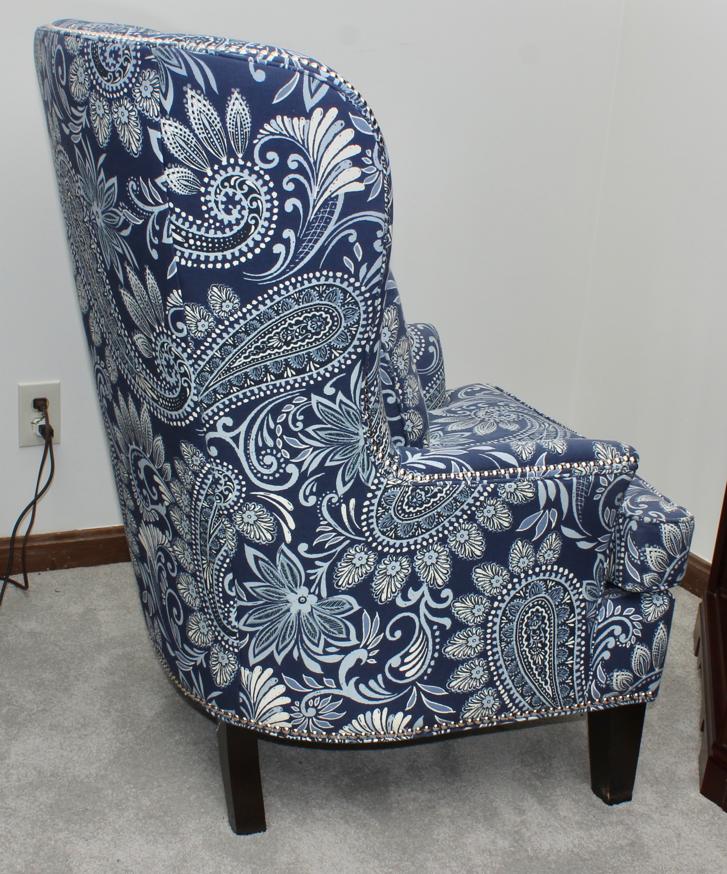 Navy Paisley Upholstered Wingback Studded Armchair EBTH