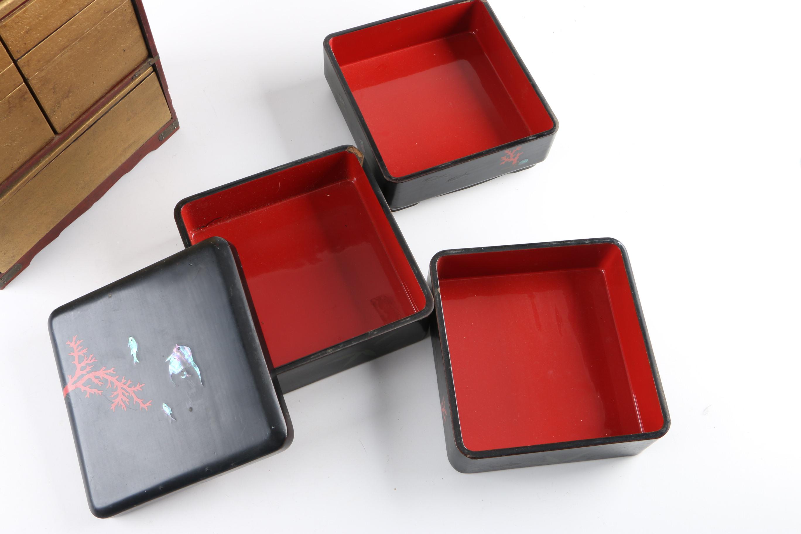 Vintage Japanese Black Lacquer Bento Box and Stacked Box With Handle EBTH