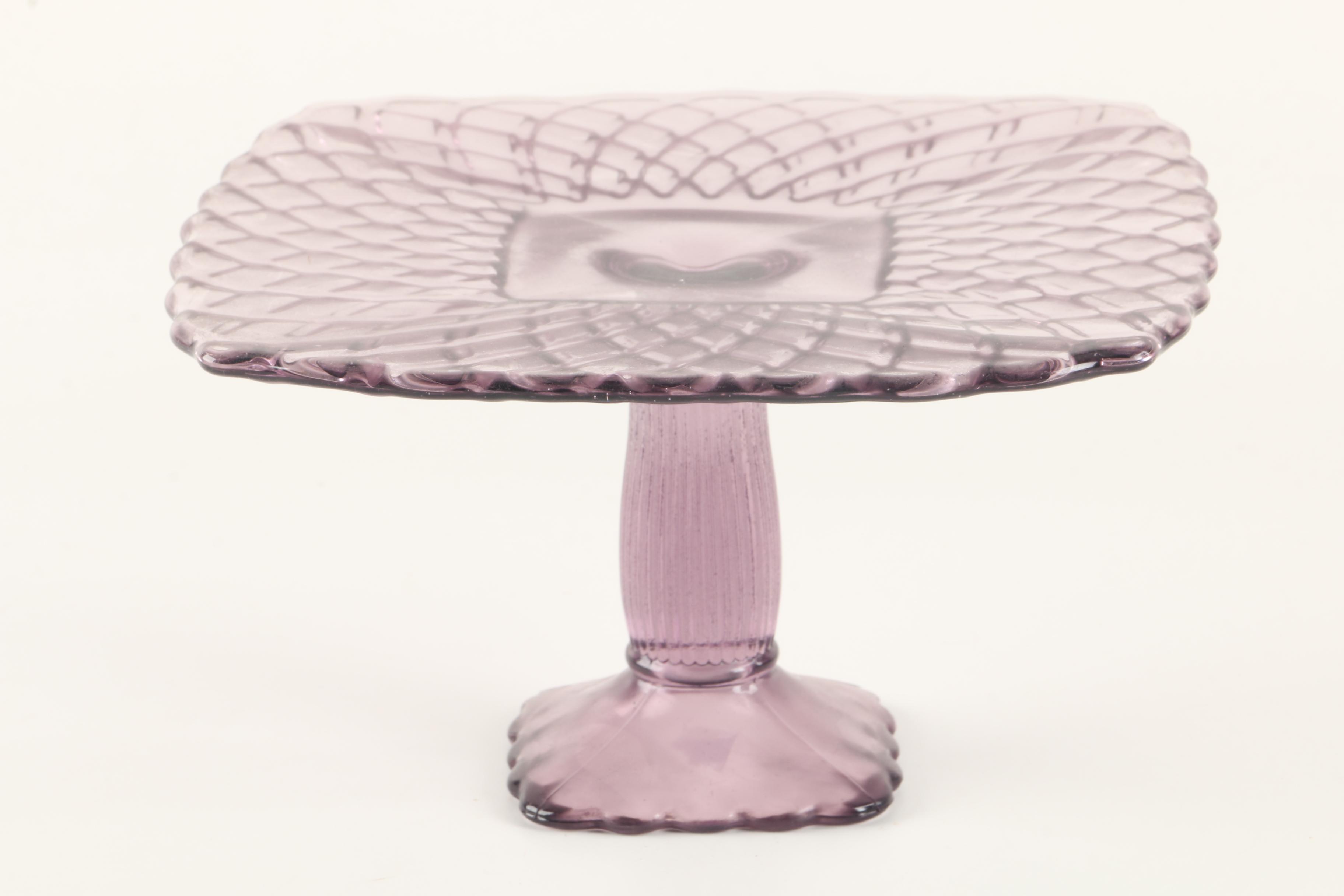 L. E. Smith Glass "Trellis Lavender" Dessert Plates and Cake Stand EBTH