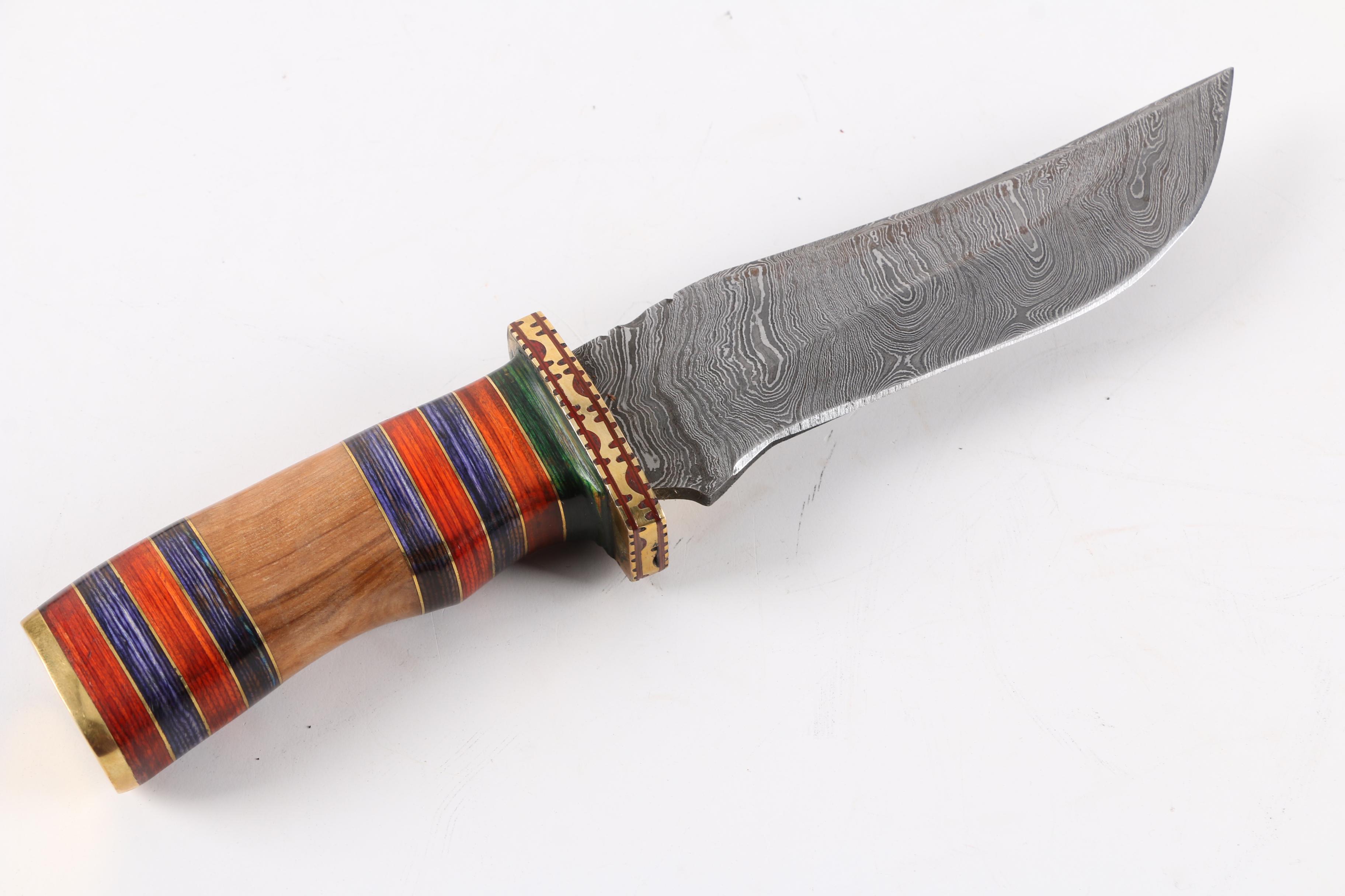 Cutlery Salvation Damascus Steel Knife with Leather Sheath and Wooden