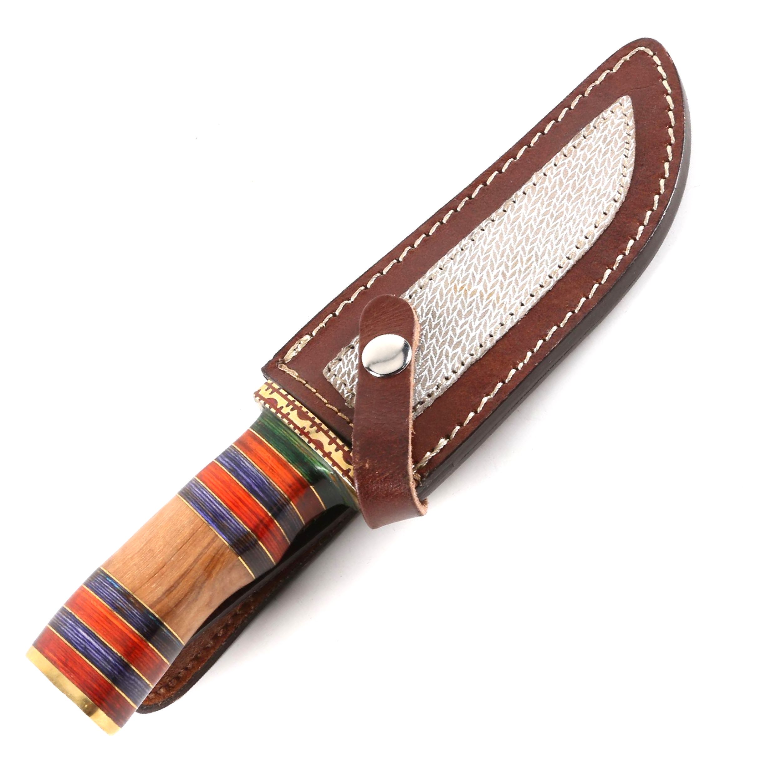 Cutlery Salvation Damascus Steel Knife with Leather Sheath and Wooden