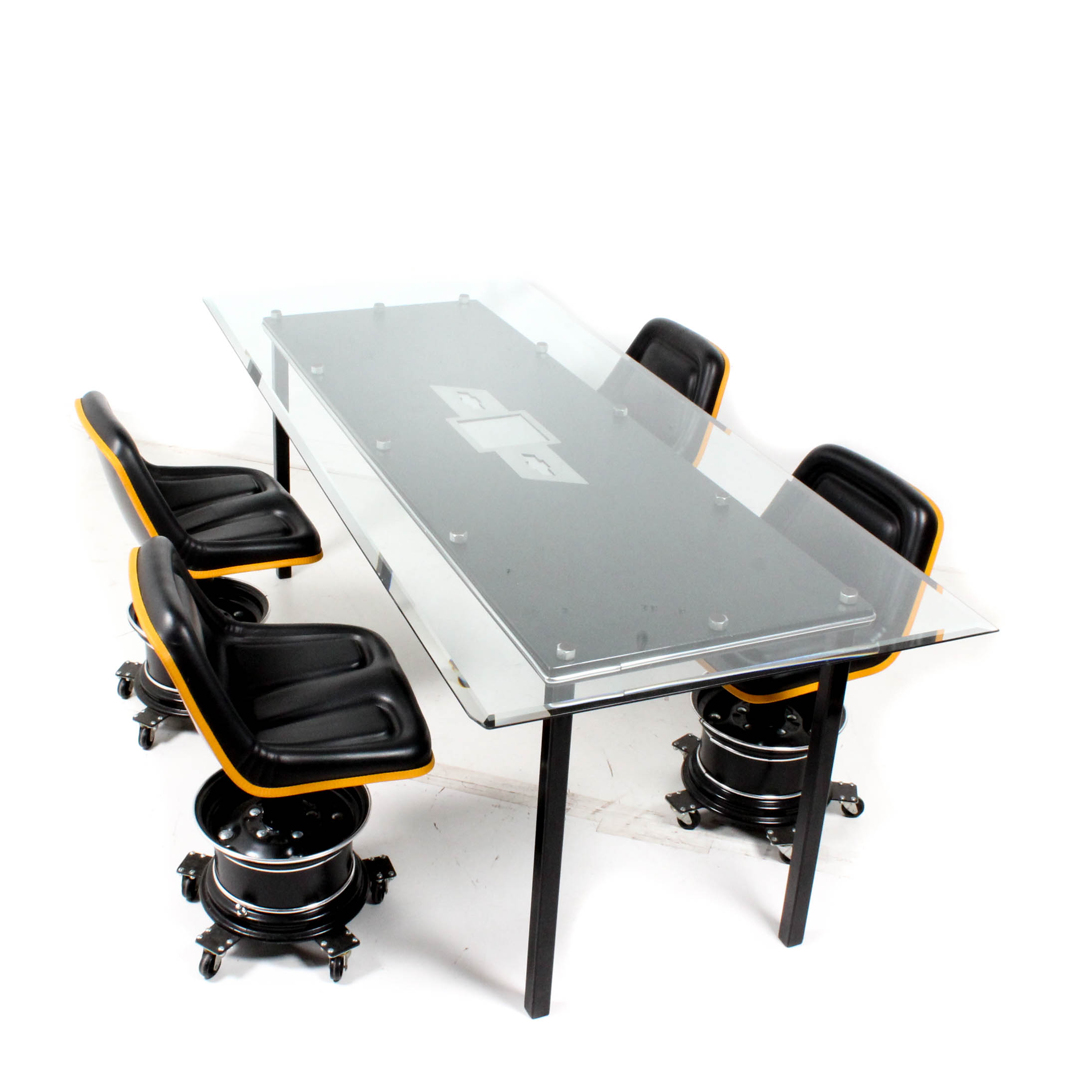 Custom Glass Top Chevy Table And Chairs Ebth