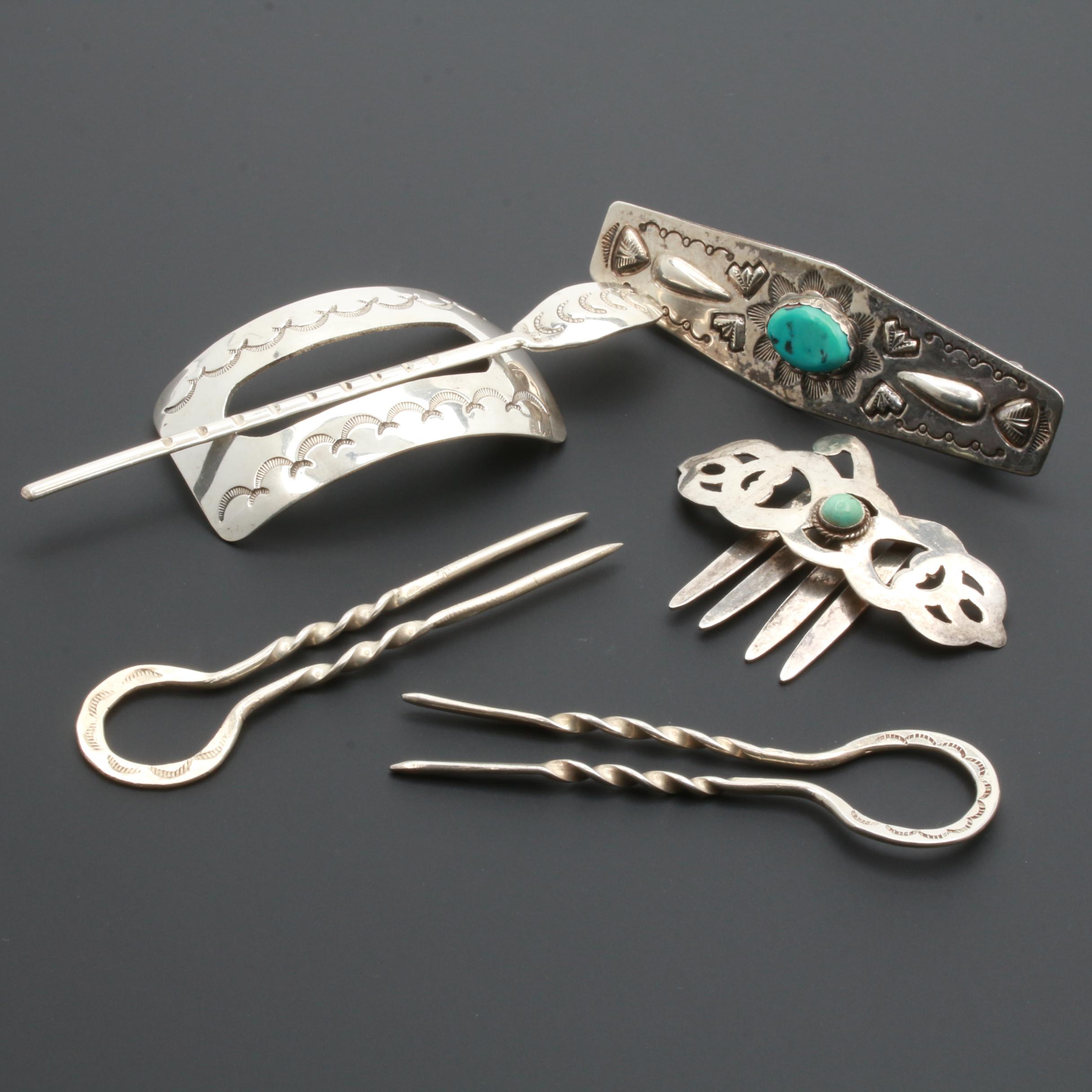 Sterling Silver Hair Accessories Including Turquoise And Willie