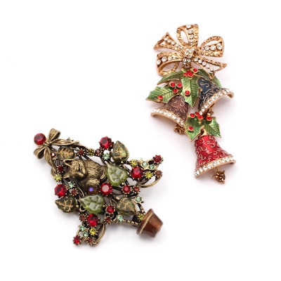 Two Sweet Romance Gold Tone Rhinestone Christmas Motif Costume Brooches Two Sweet Romance Gold Tone Rhinestone Christmas Motif Costume Brooches