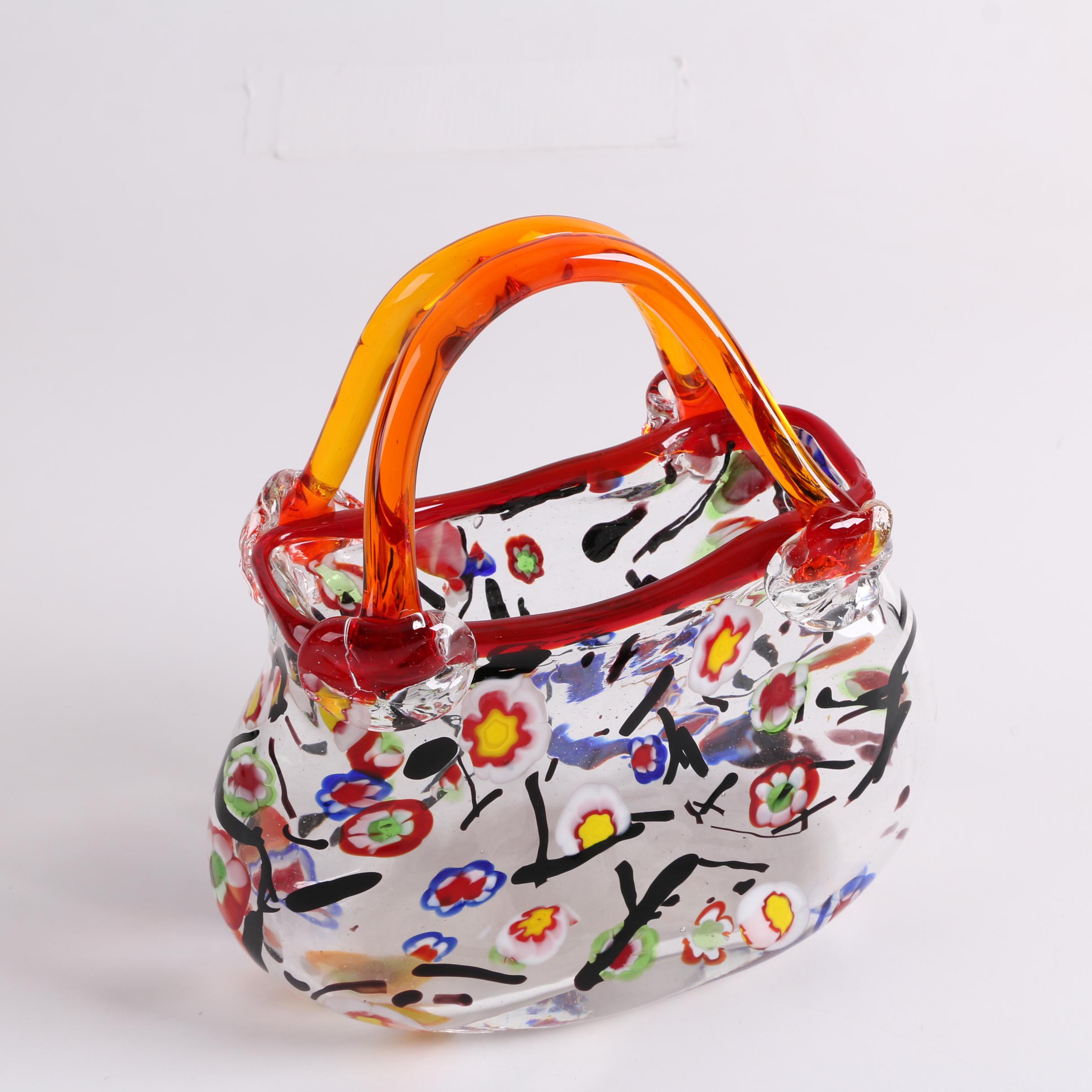 Murano Style Millefiori Blown Glass Handbag Vase Ebth