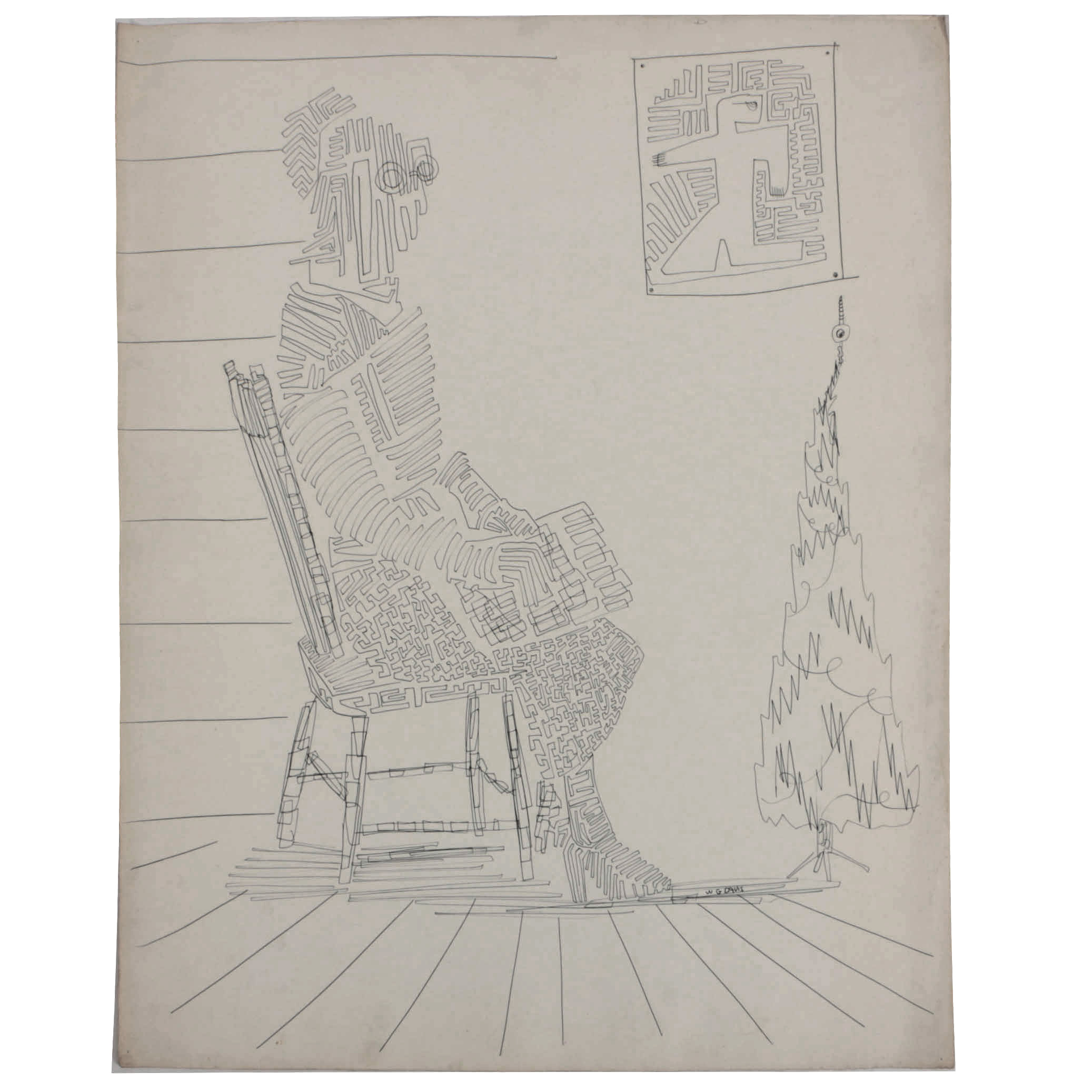 W Glen Davis Ink Drawing On Paper Of Abstract Seated Figure Ebth