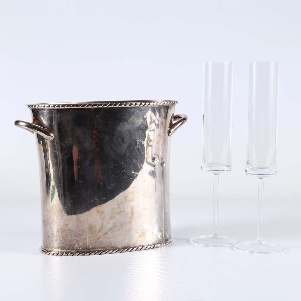 Pottery Barn Champagne Bucket With Acrylic Champagne Flutes Ebth