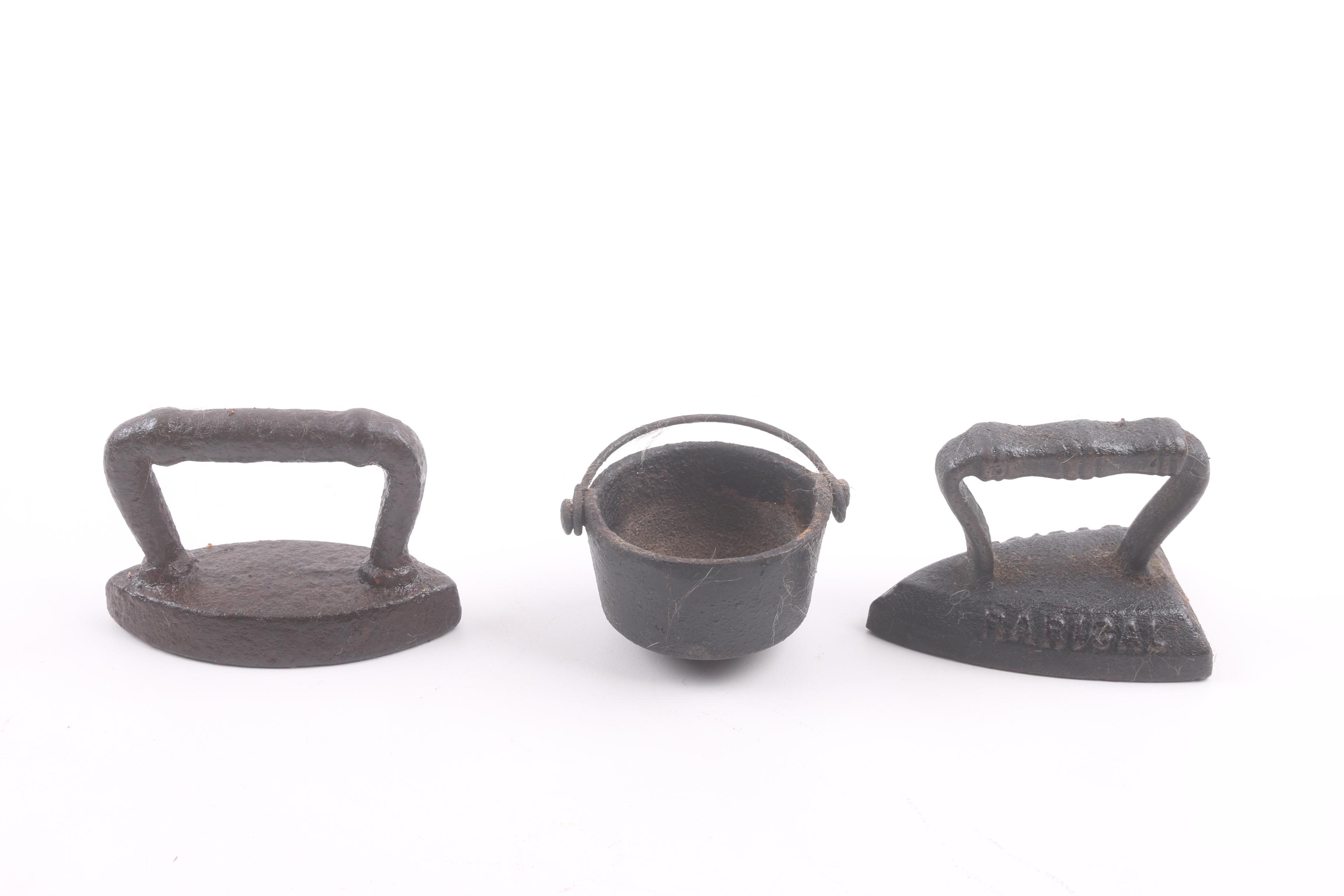 Vintage Salesman Sample Cast Metal Sad Irons, Kettles and Pans