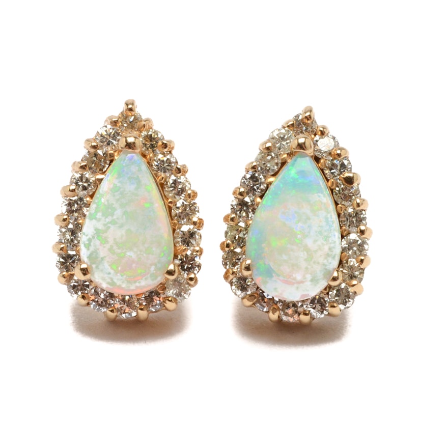 14k Yellow Gold Opal Earrings With Diamond Accents Ebth 14k Yellow Gold Opal Earrings With Diamond Accents