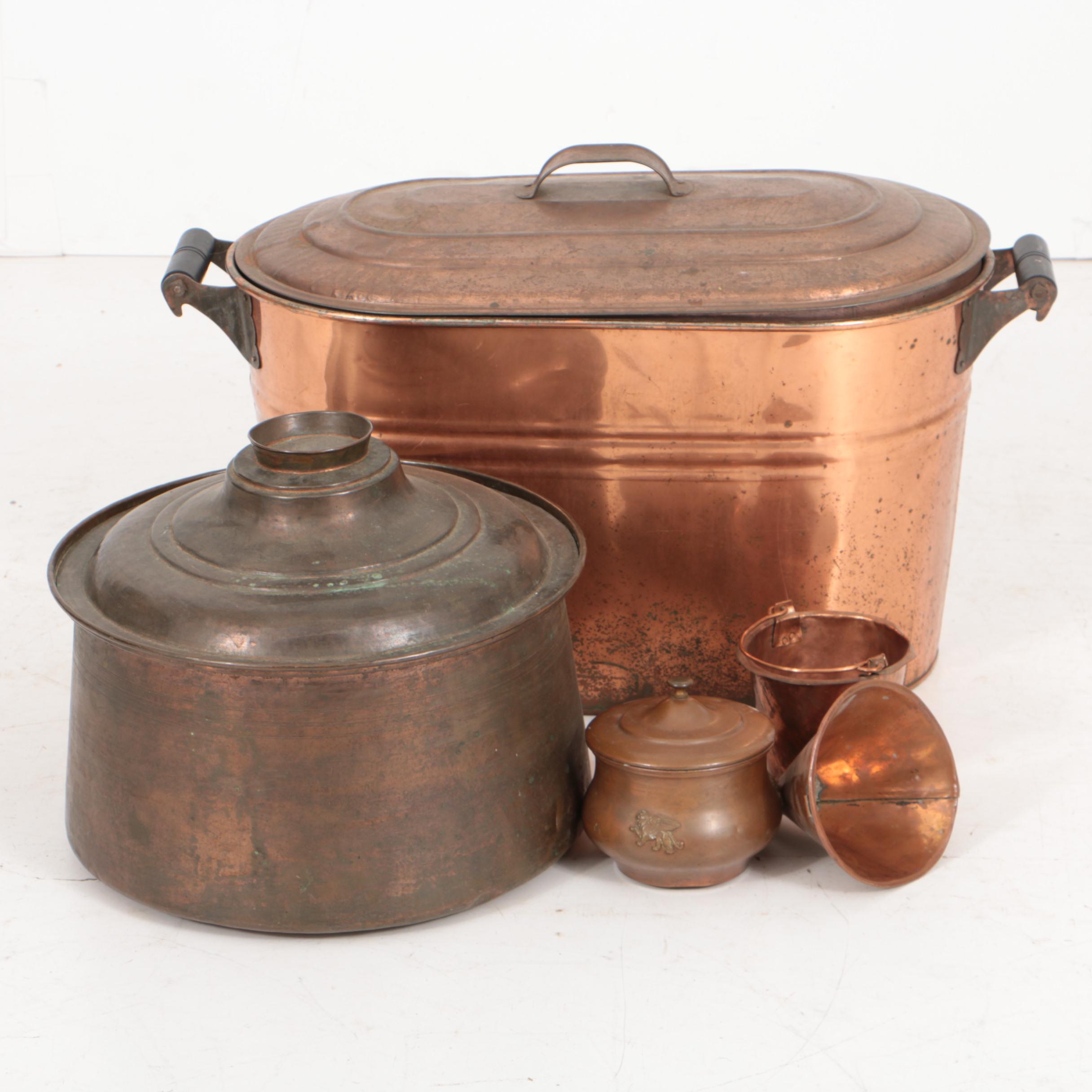 Antique Copper Wash Boiler with Other Copper Vessels EBTH