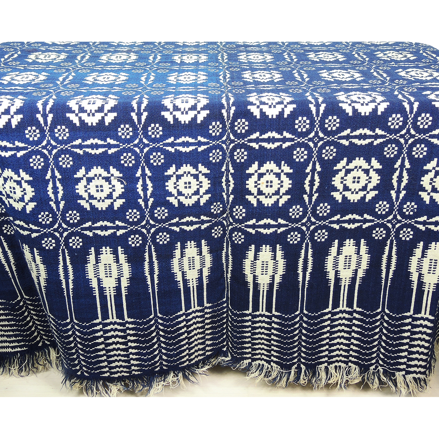 Antique Double Weave American Jacquard Woven Coverlet Ebth