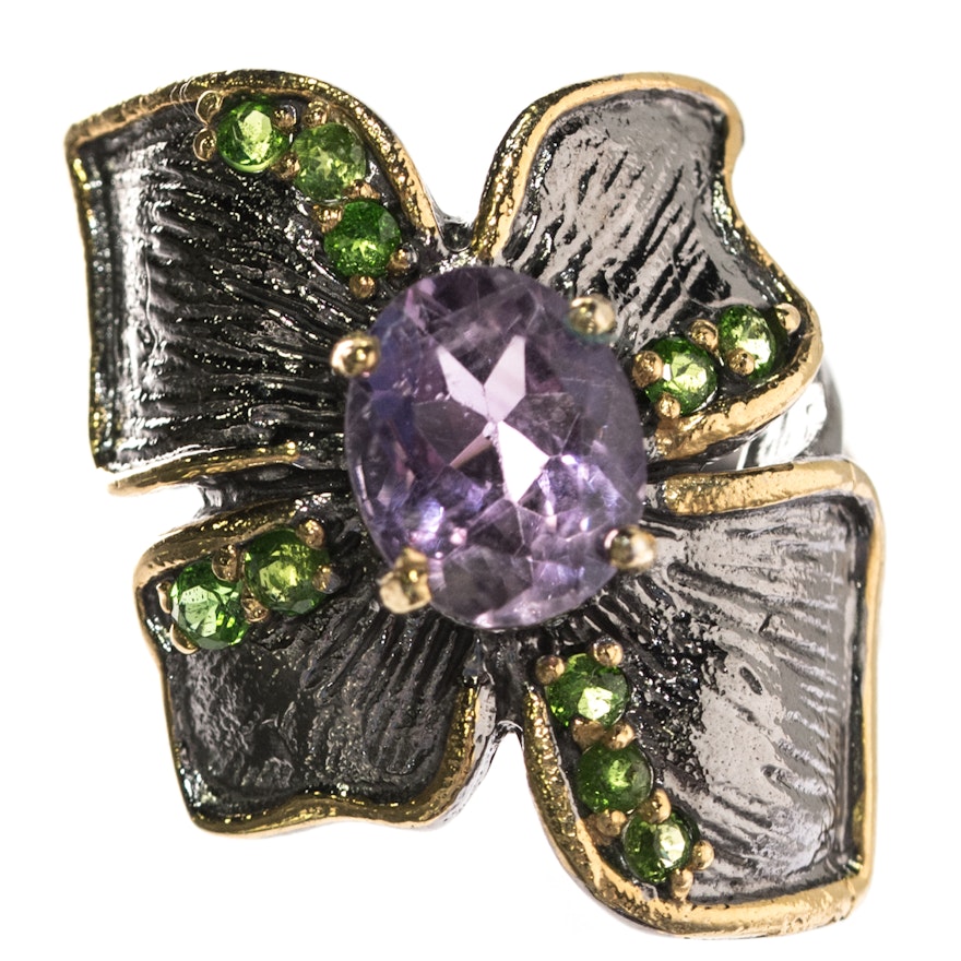 Sterling Silver, 2.60 CT Amethyst, and Peridot Oversized Flower Ring