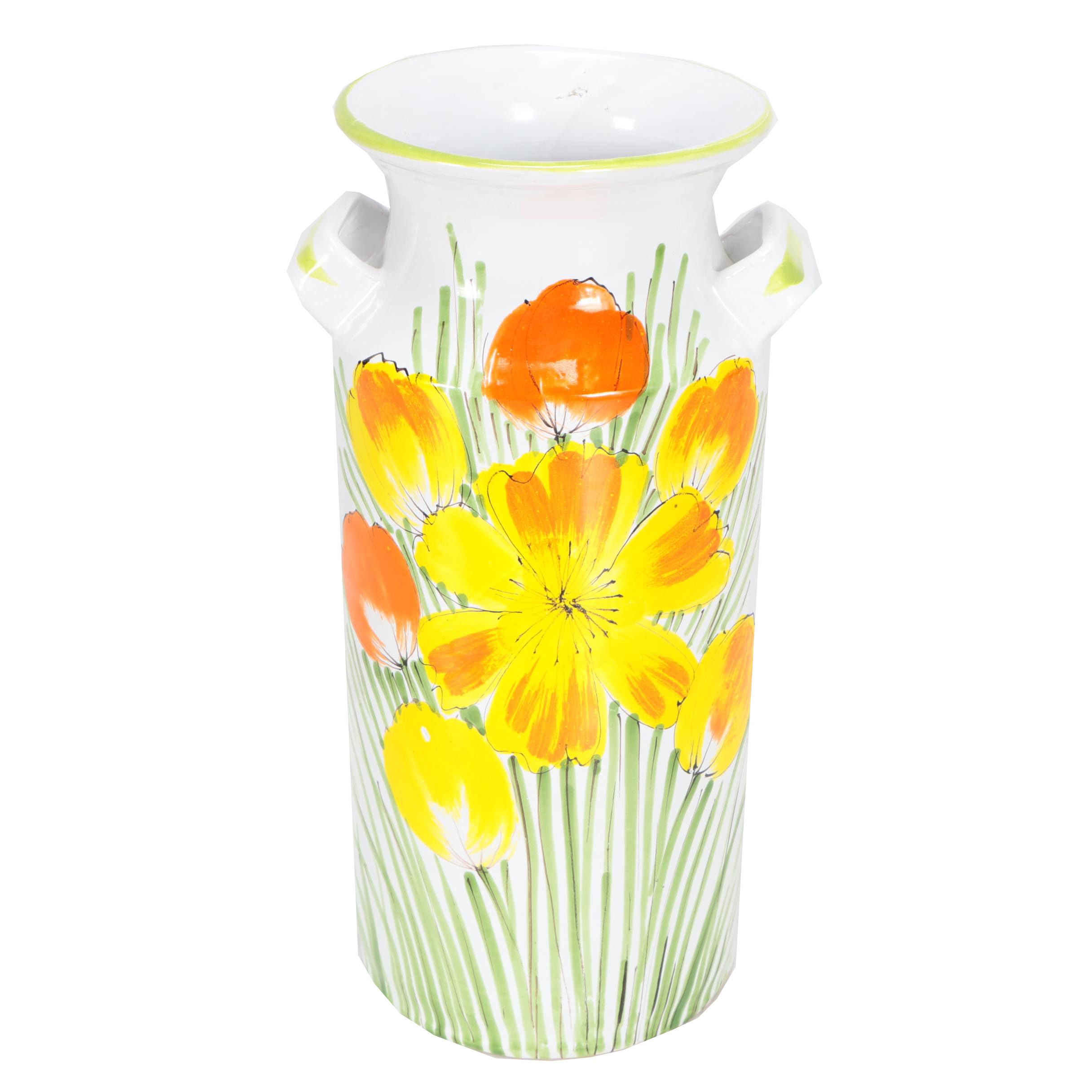 Italian Hand Painted Floral Themed Milk Jug Shaped Ceramic Vase Ebth