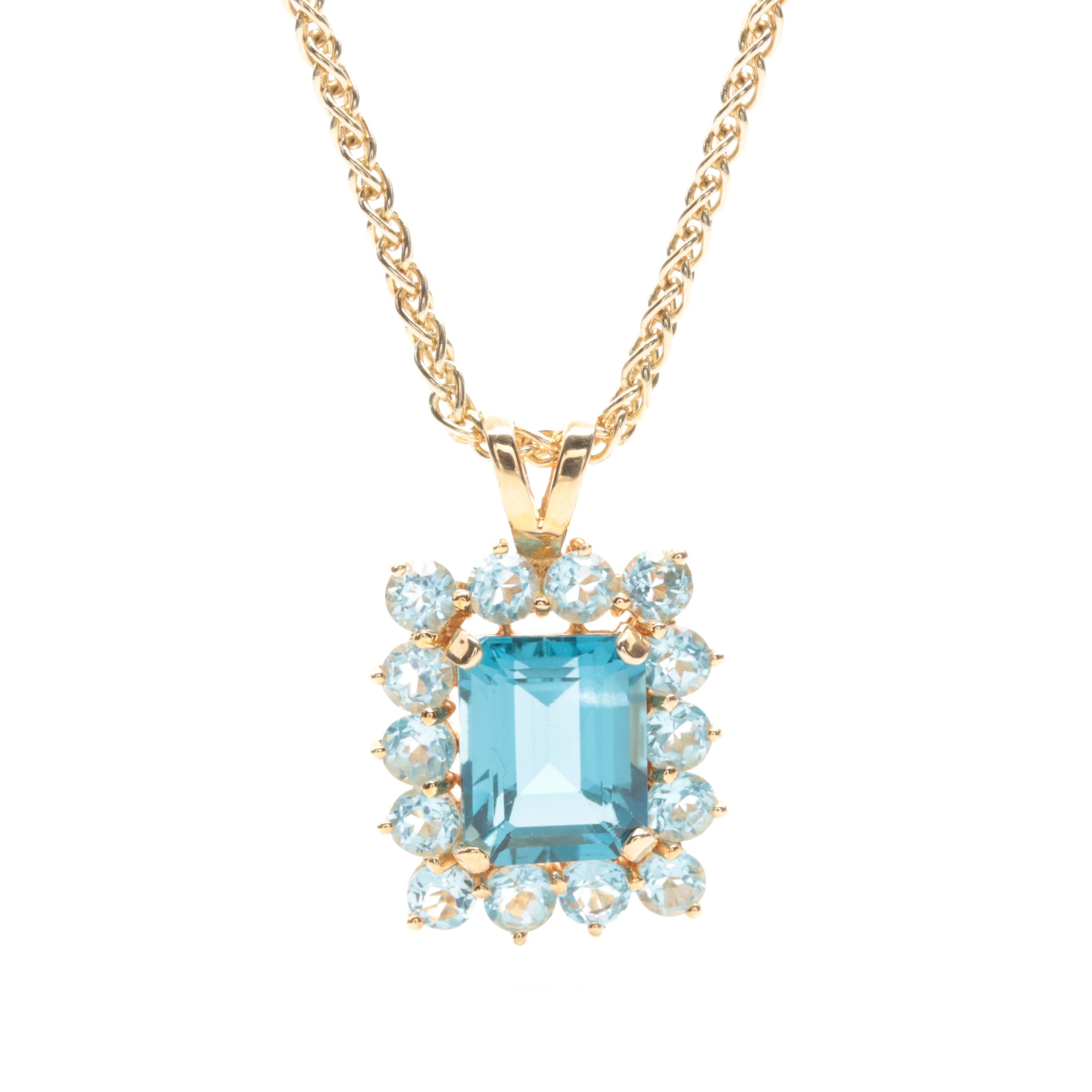 14K Yellow Gold Blue Topaz Pendant Necklace EBTH