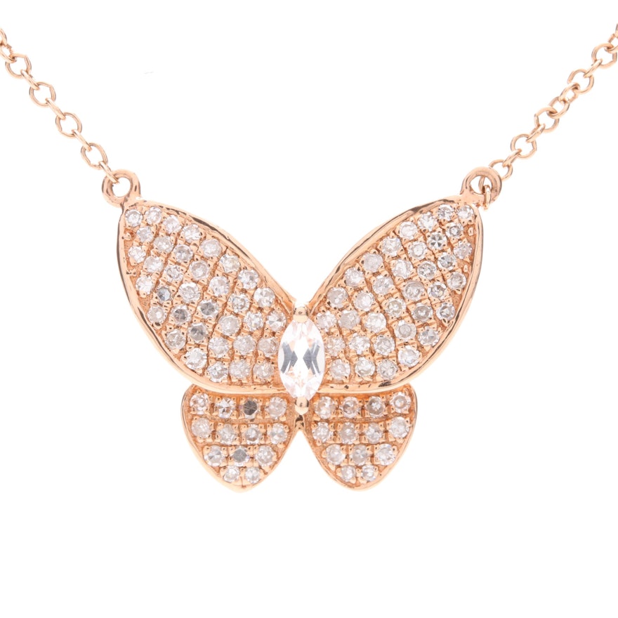 14K Rose Gold Aquamarine and Diamond Butterfly Necklace