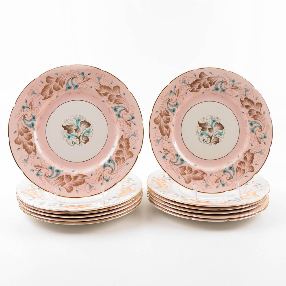 Twelve Coalport, England "Strange Orchid" Pink China Dinner Plates