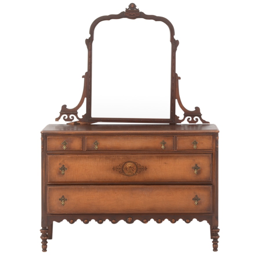 Vintage Jacobean Revival Style Maple Dresser With Mirror Ebth