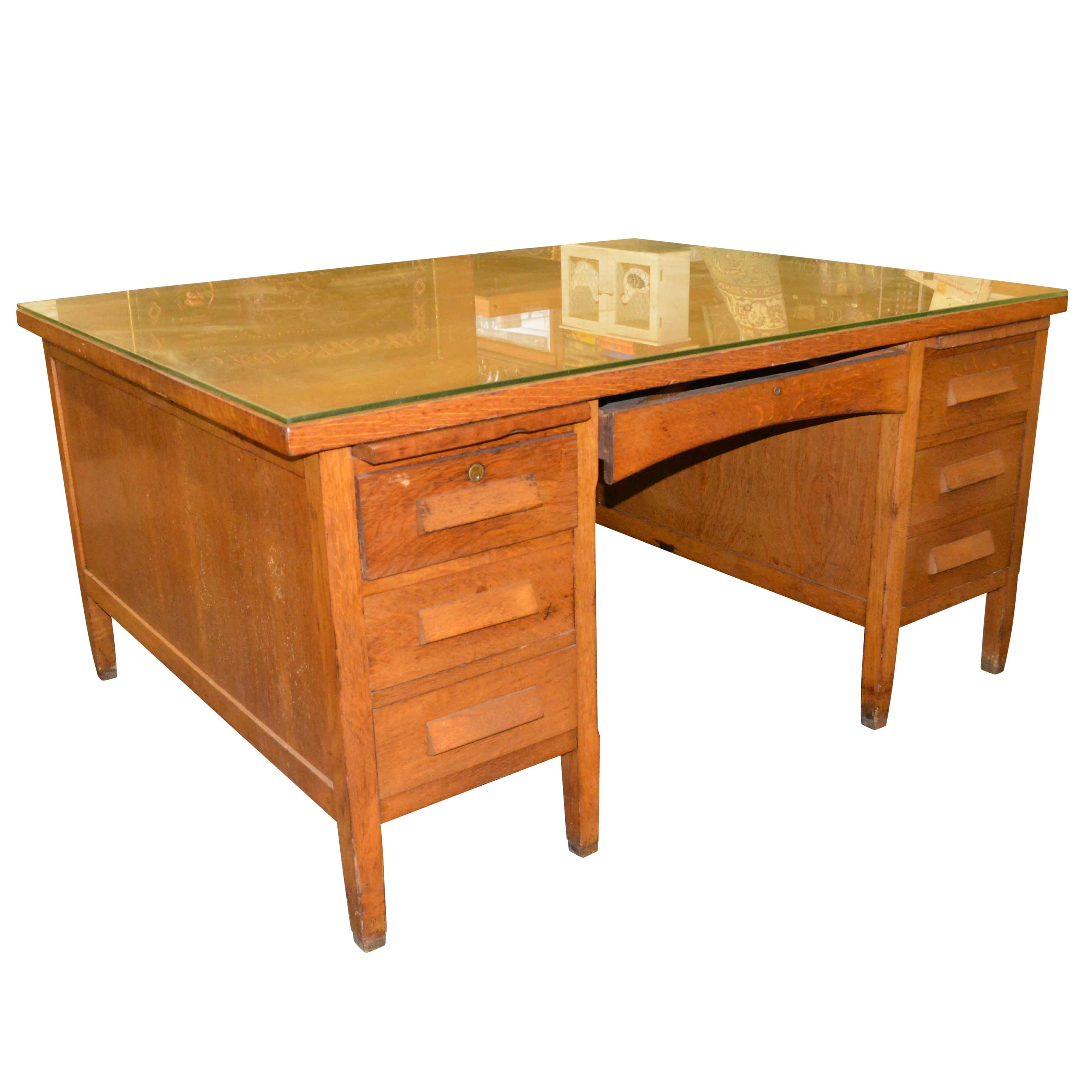 Vintage Oak Tanker Partners Desk By Hoosier Manufacturing Company