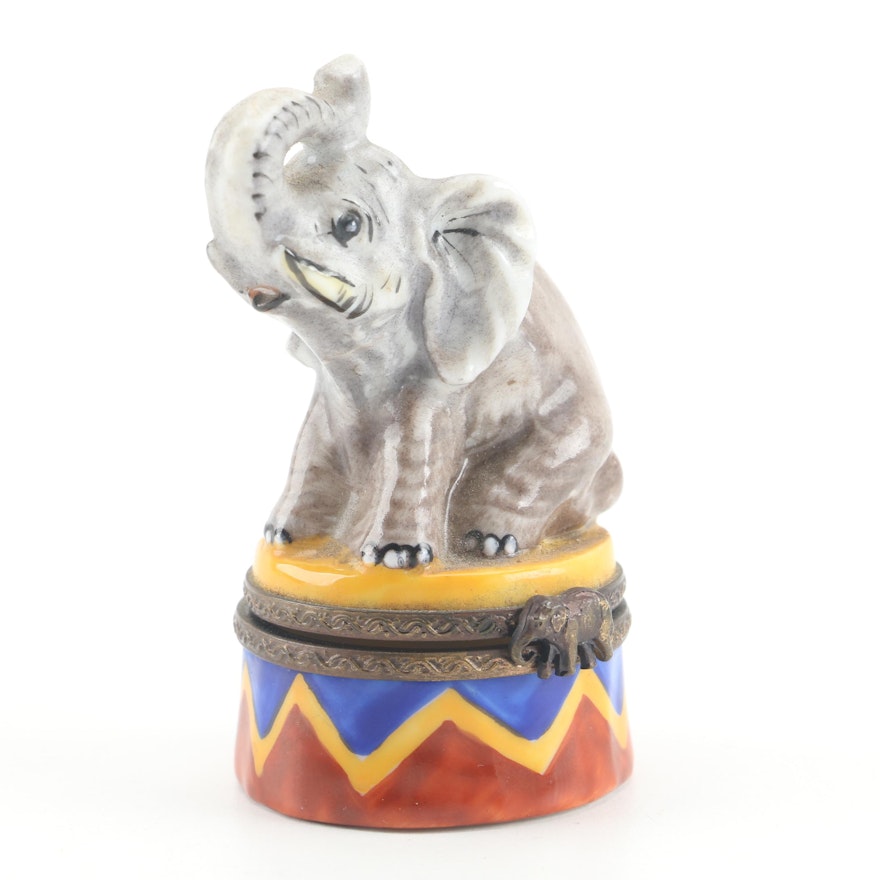 Limoges Hand-Painted Elephant Shaped Porcelain Trinket Box