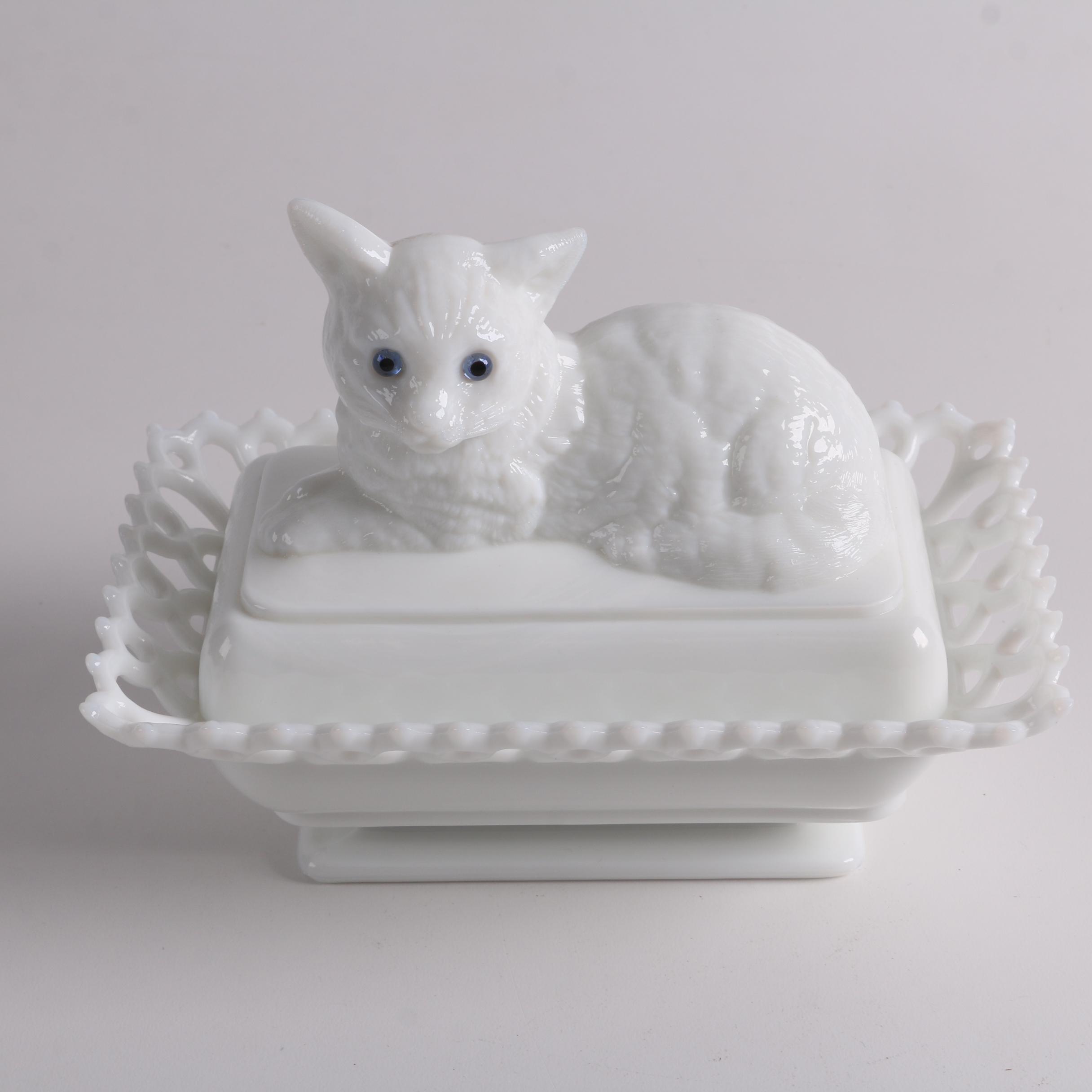 Vintage Westmoreland Cat Butter Dish with FireKing "Cornflower Blue