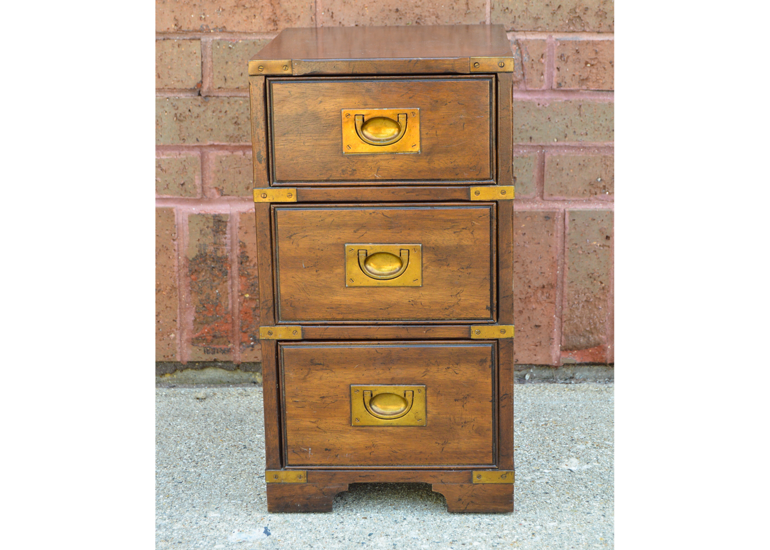 Vintage Campaign Style Three Drawer Nightstand Ebth