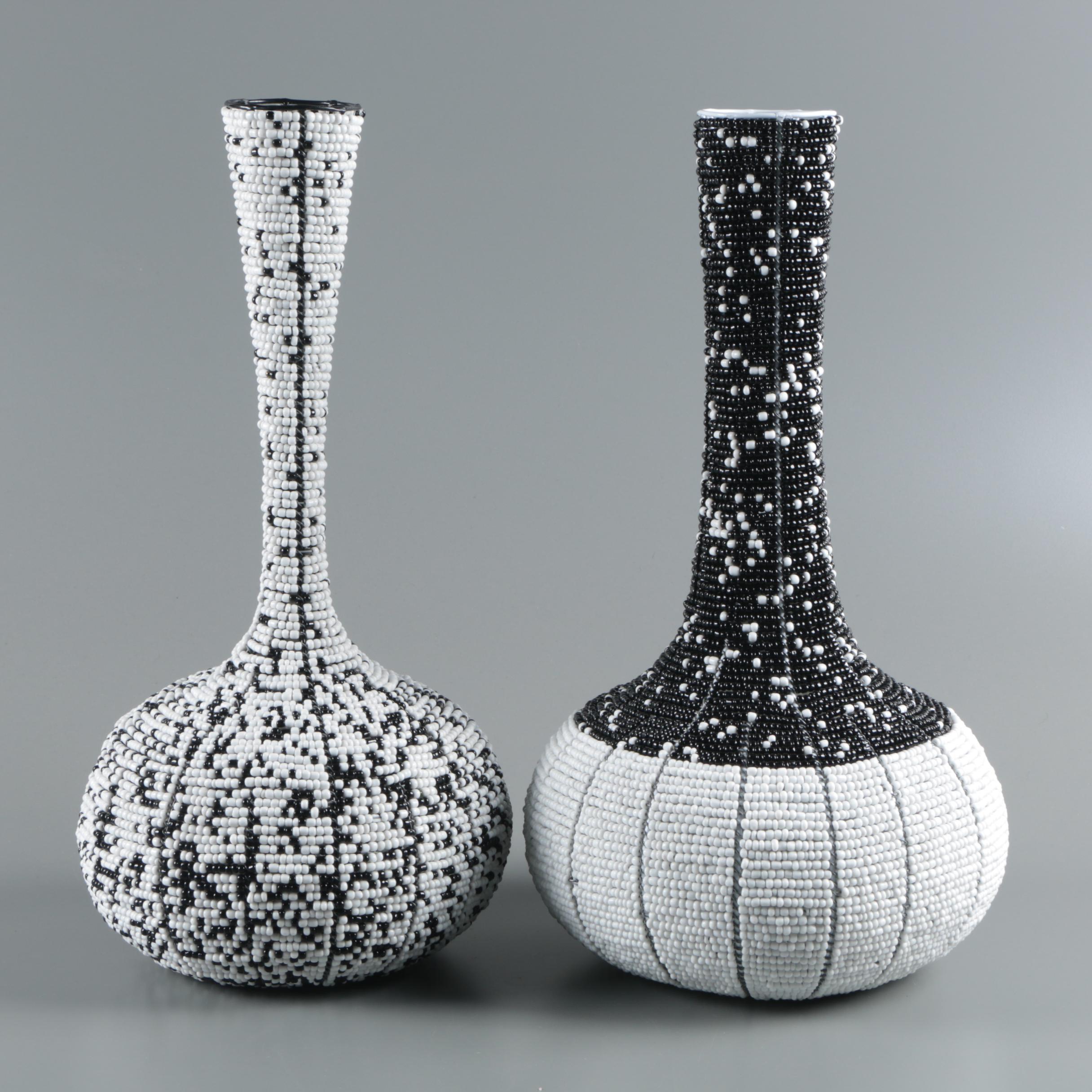 Contemporary Black And White Beaded Vases Ebth