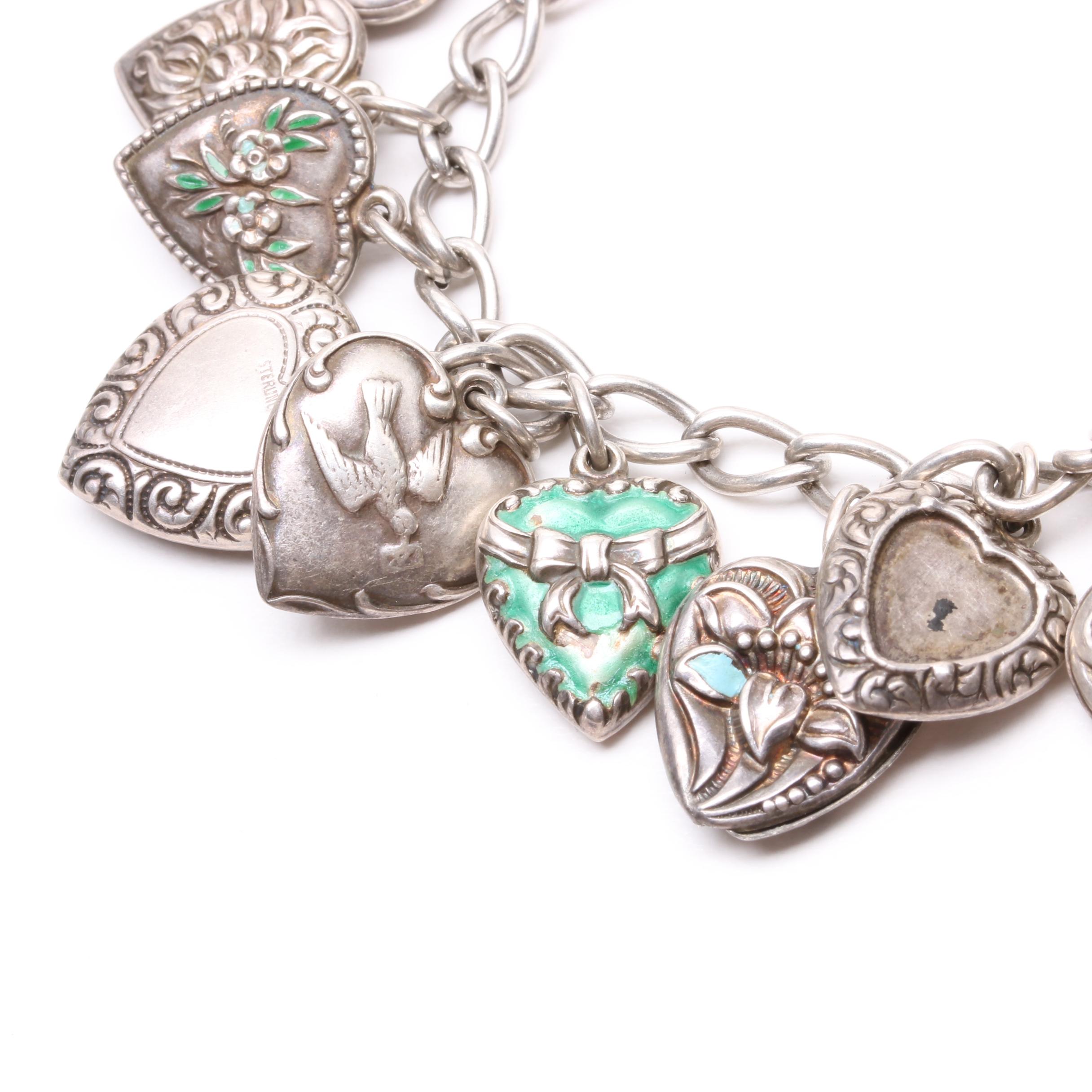 Antique Sterling Silver Heart Charm Bracelet EBTH