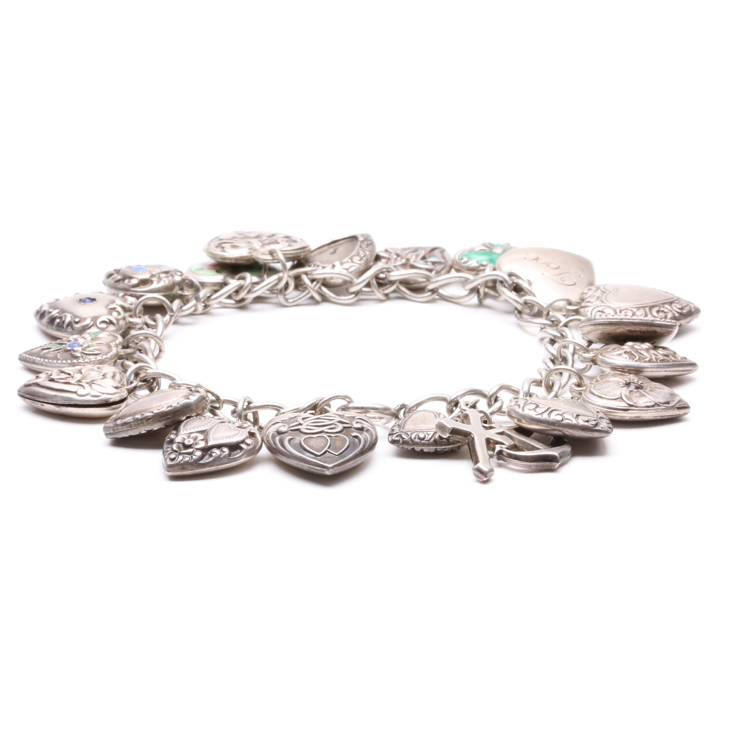 Antique Sterling Silver Heart Charm Bracelet EBTH